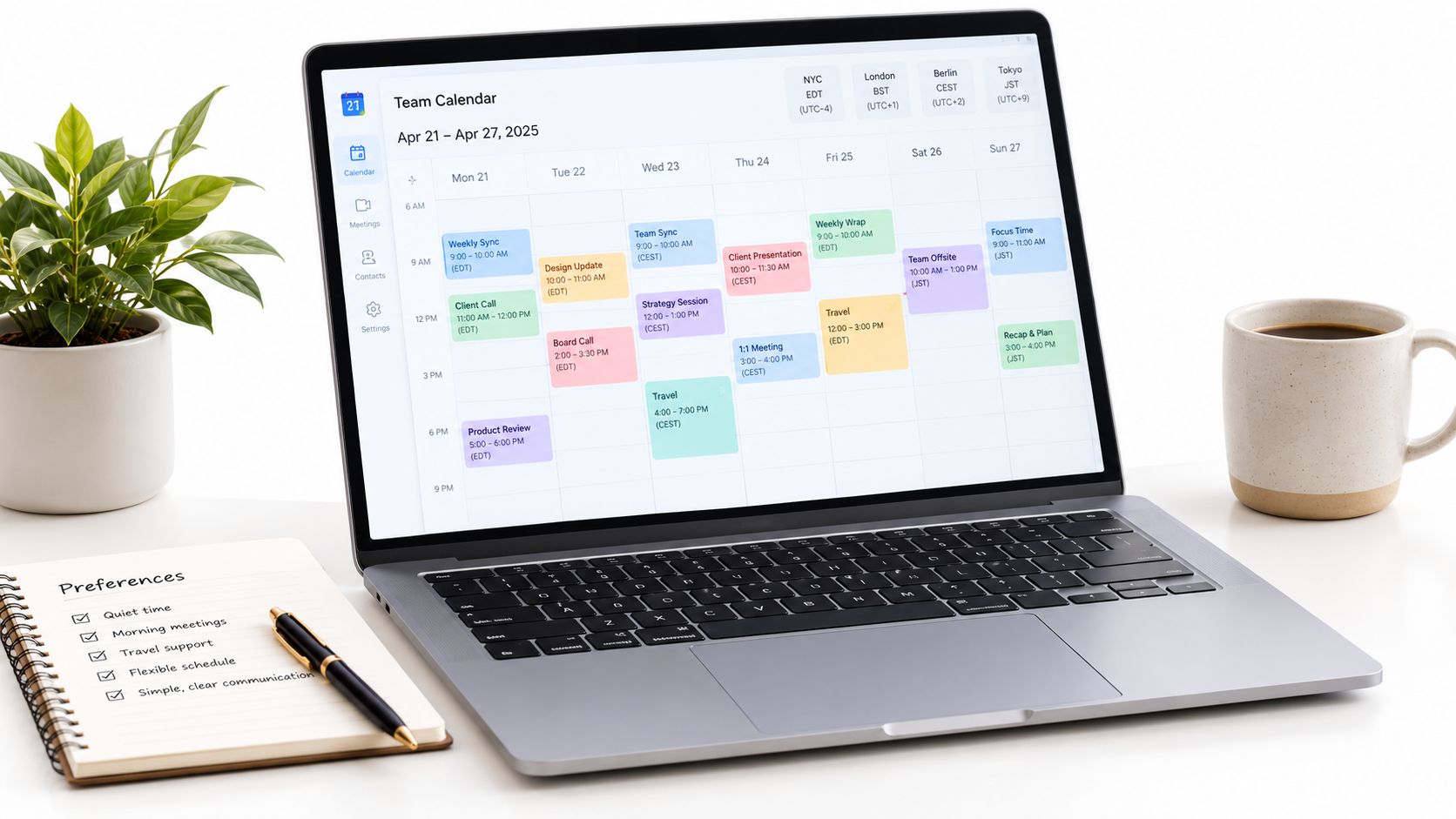 A modern laptop displaying a team calendar on a desk with a plant, notebook, and coffee mug.