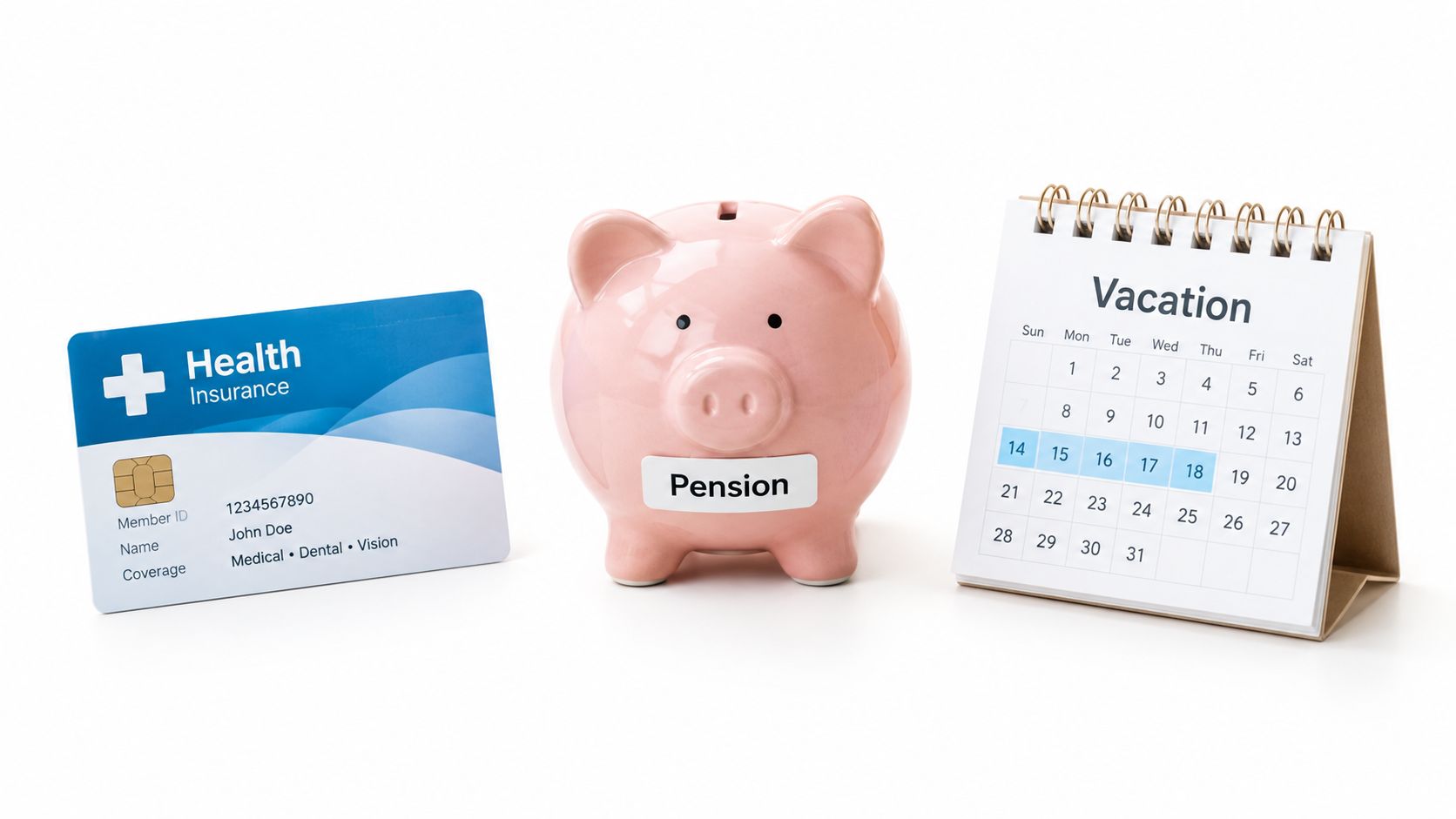 A health insurance card, a piggy bank labeled Pension, and a calendar representing vacation planning on white background.