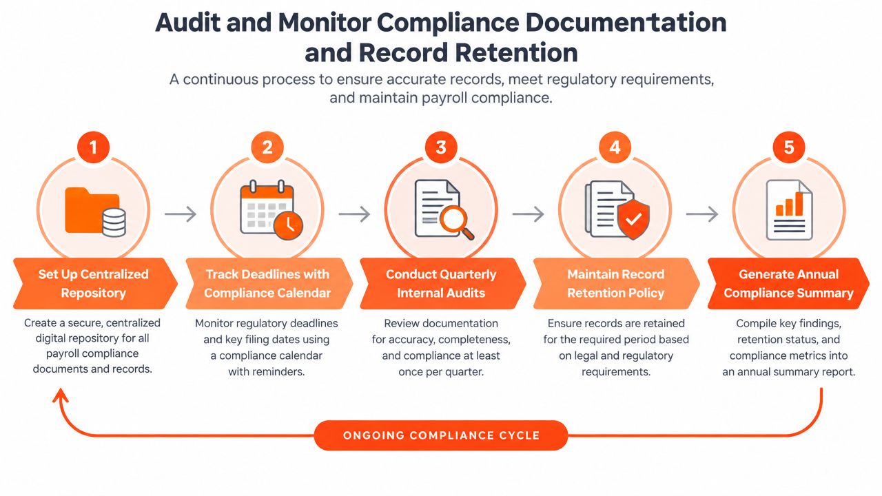 A five-step process diagram illustrating how to audit and monitor payroll compliance documentation and record retention.