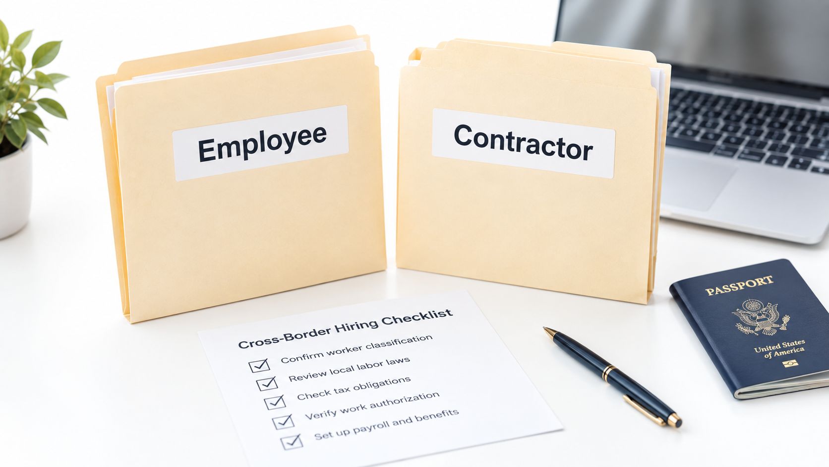 Two manila folders labeled Employee and Contractor with a US passport, pen, and cross-border hiring checklist.