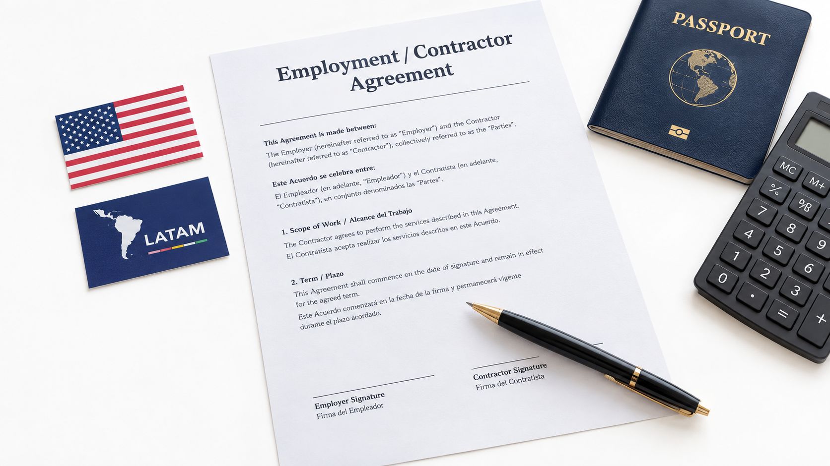 A document titled Employment Contractor Agreement placed on a desk with a passport, pen, and calculator.