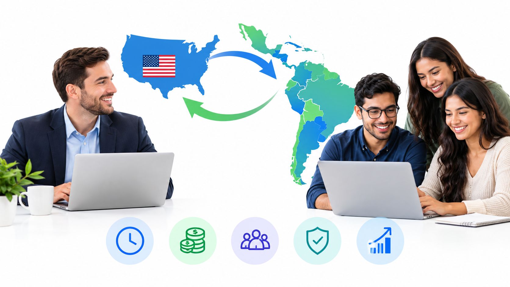 A U.S. manager and a Latin American remote team working on laptops, with arrows connecting maps of the United States and Latin America.
