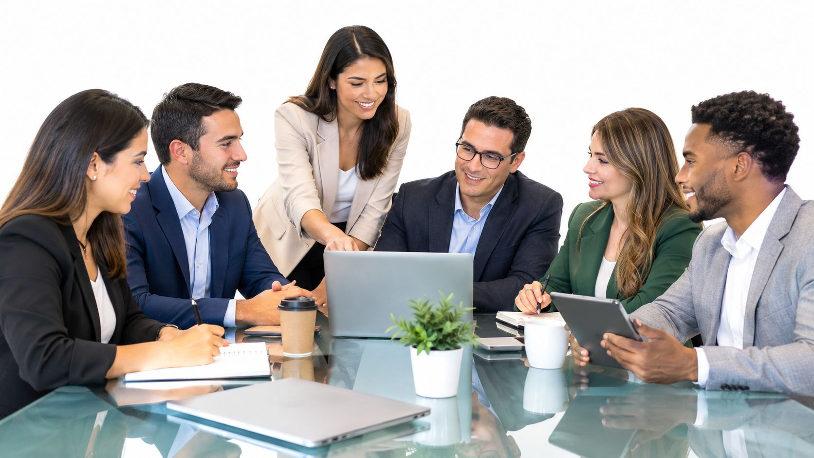 Six professionals in business attire working together around a glass meeting table with laptops and a tablet.
