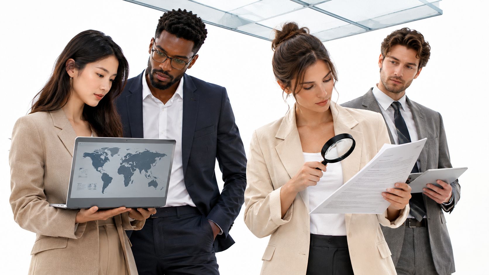 Four business professionals reviewing a world map on a laptop, printed documents under a magnifying glass, and a tablet.