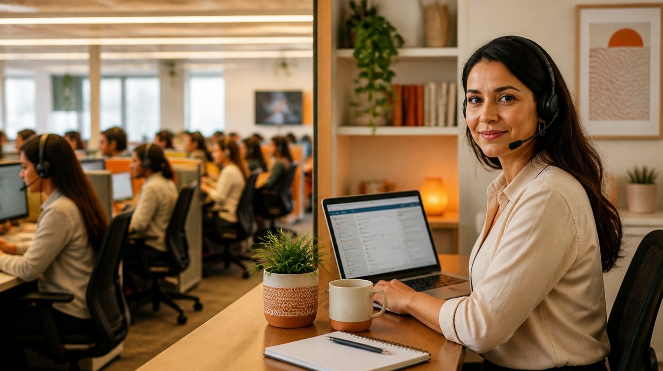 A BPO contact center floor next to a dedicated remote professional, BPO services compared in 2026