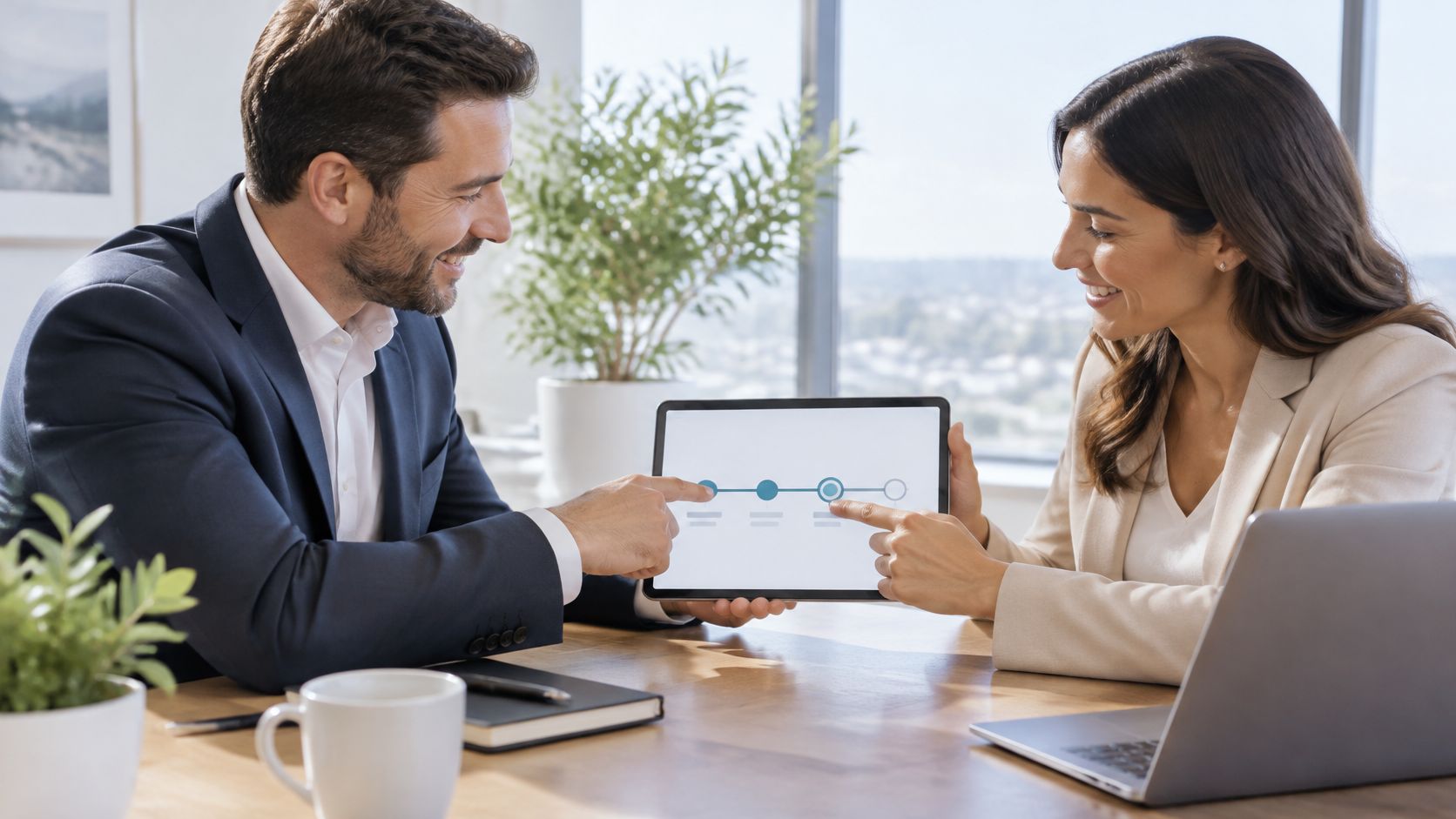 A professional man and woman collaborating while reviewing a process timeline on a digital tablet.