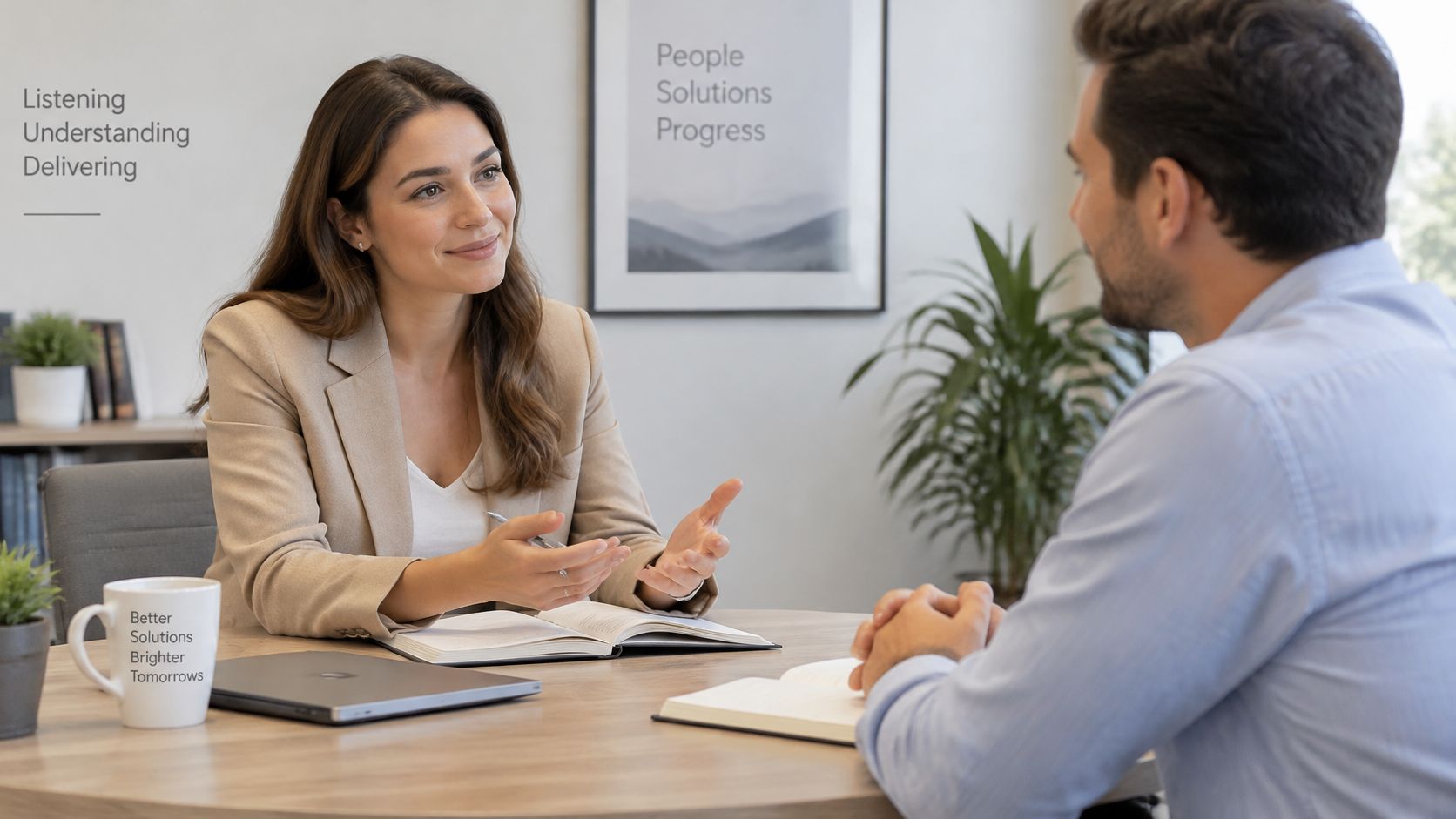 A professional woman in a beige blazer interviewing a man across a desk in an office.