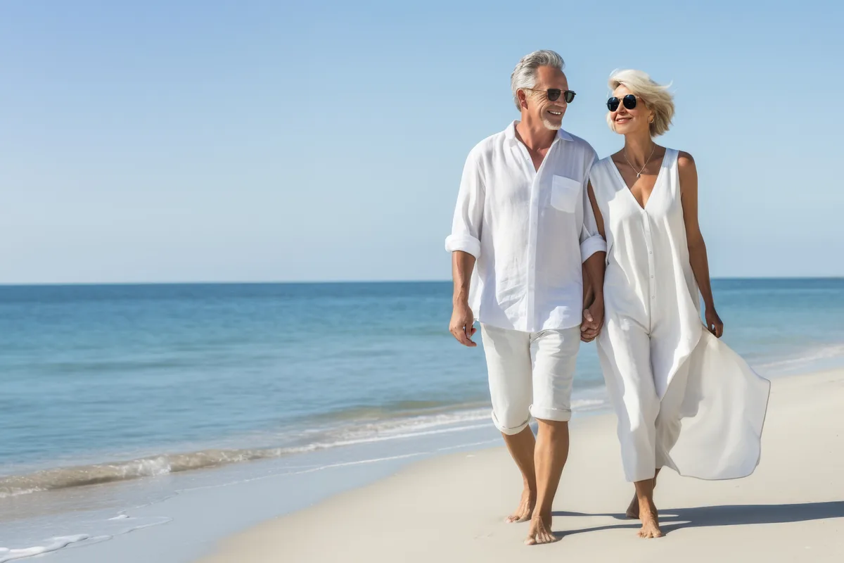 Couple in white walking along the beach