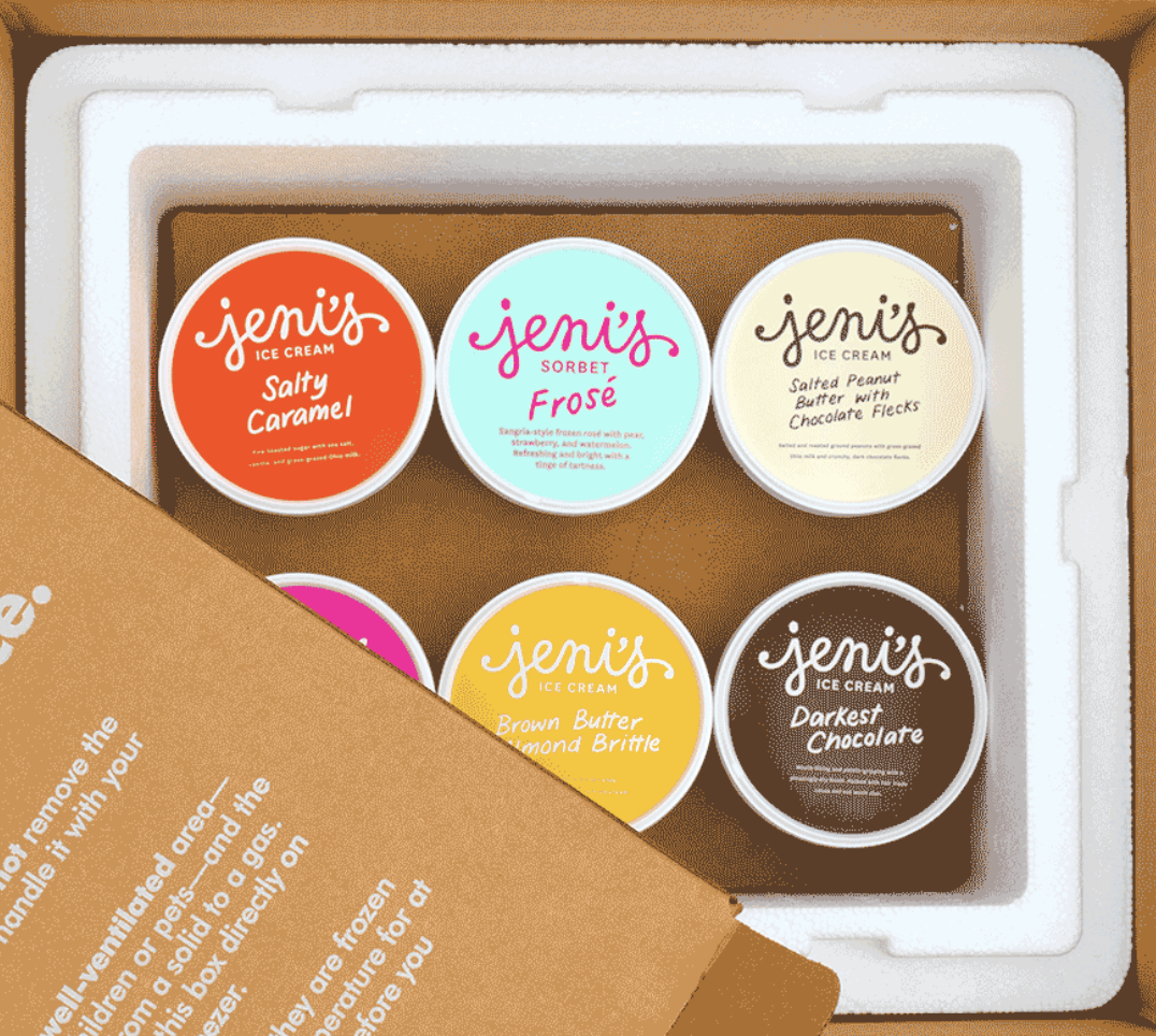 6 Jeni's Ice Cream containers in a shipping box