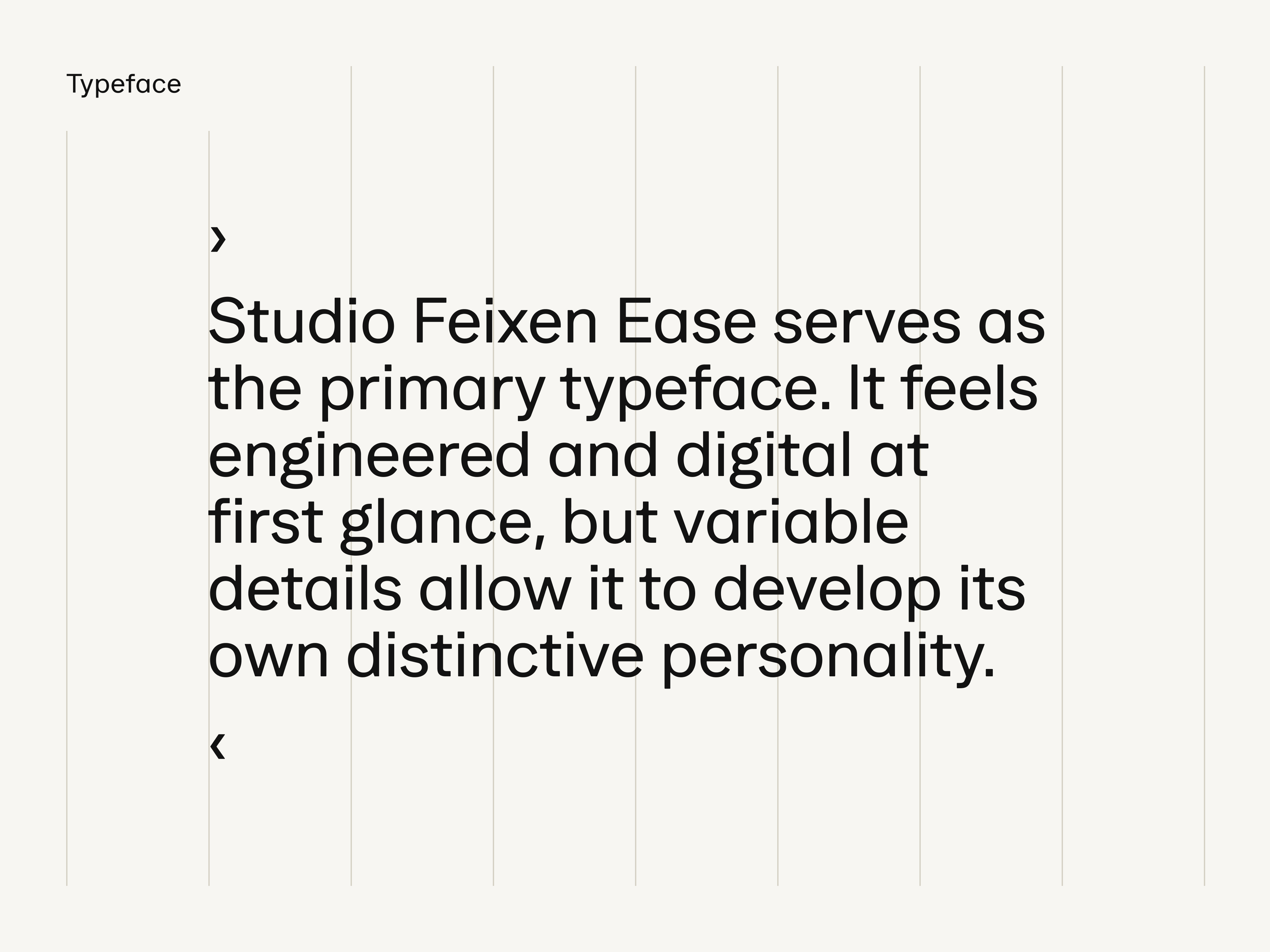 Text describing Studio Feixen Ease as a primary typeface with an engineered, digital feel and distinctive personality on a light background.