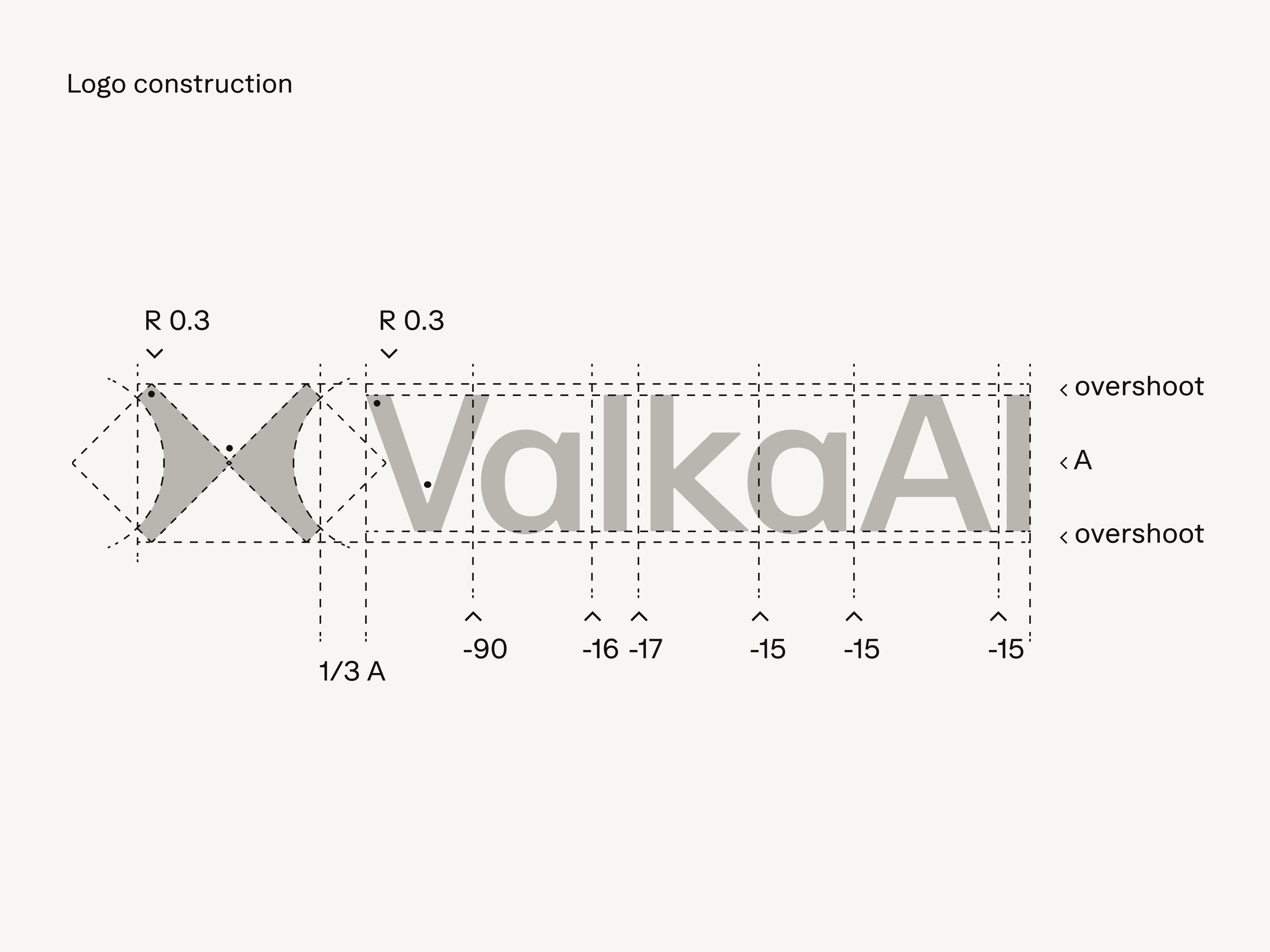 Diagram showing logo construction details of 'ValkAl' with measurements including radius 0.3, spacing values, and overshoot annotations.