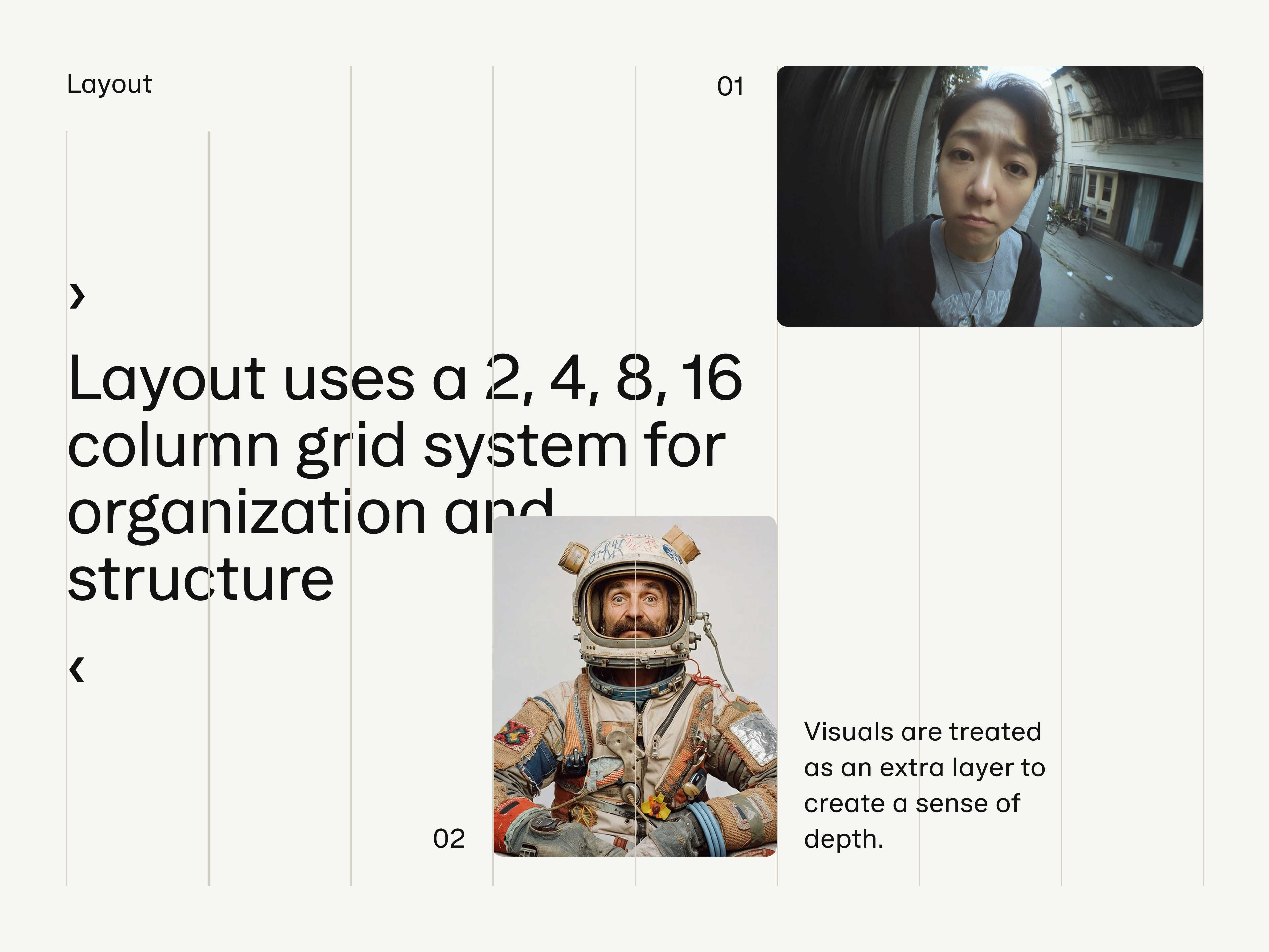 Layout example showing a grid system with two photos: a close-up of a person’s face with a fisheye lens effect in an urban alley, and a man in a detailed astronaut suit against a plain background.