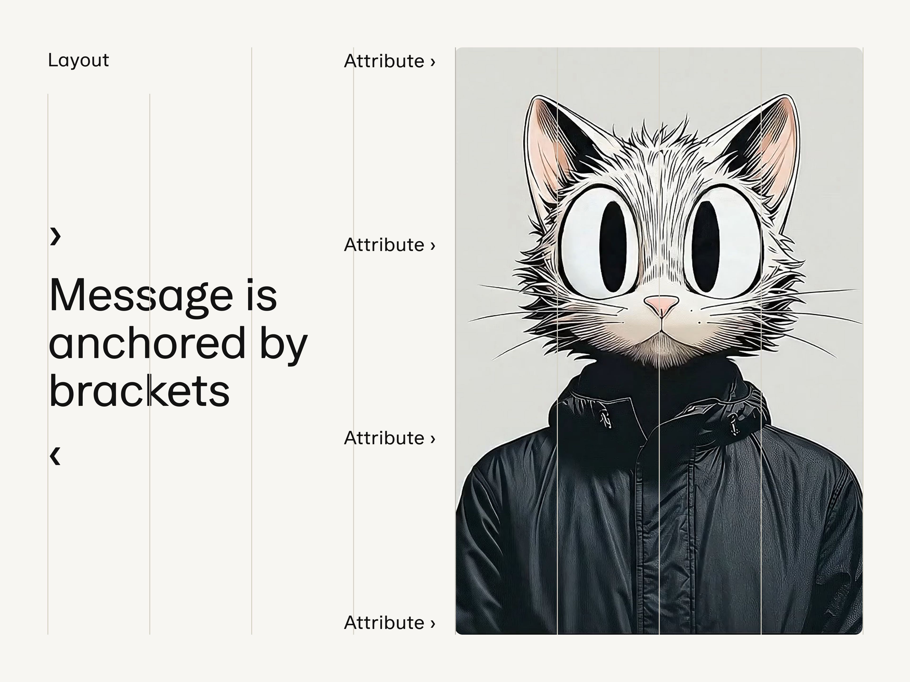 Illustration of a cat with large oval eyes wearing a black jacket, next to text reading 'Message is anchored by brackets'.