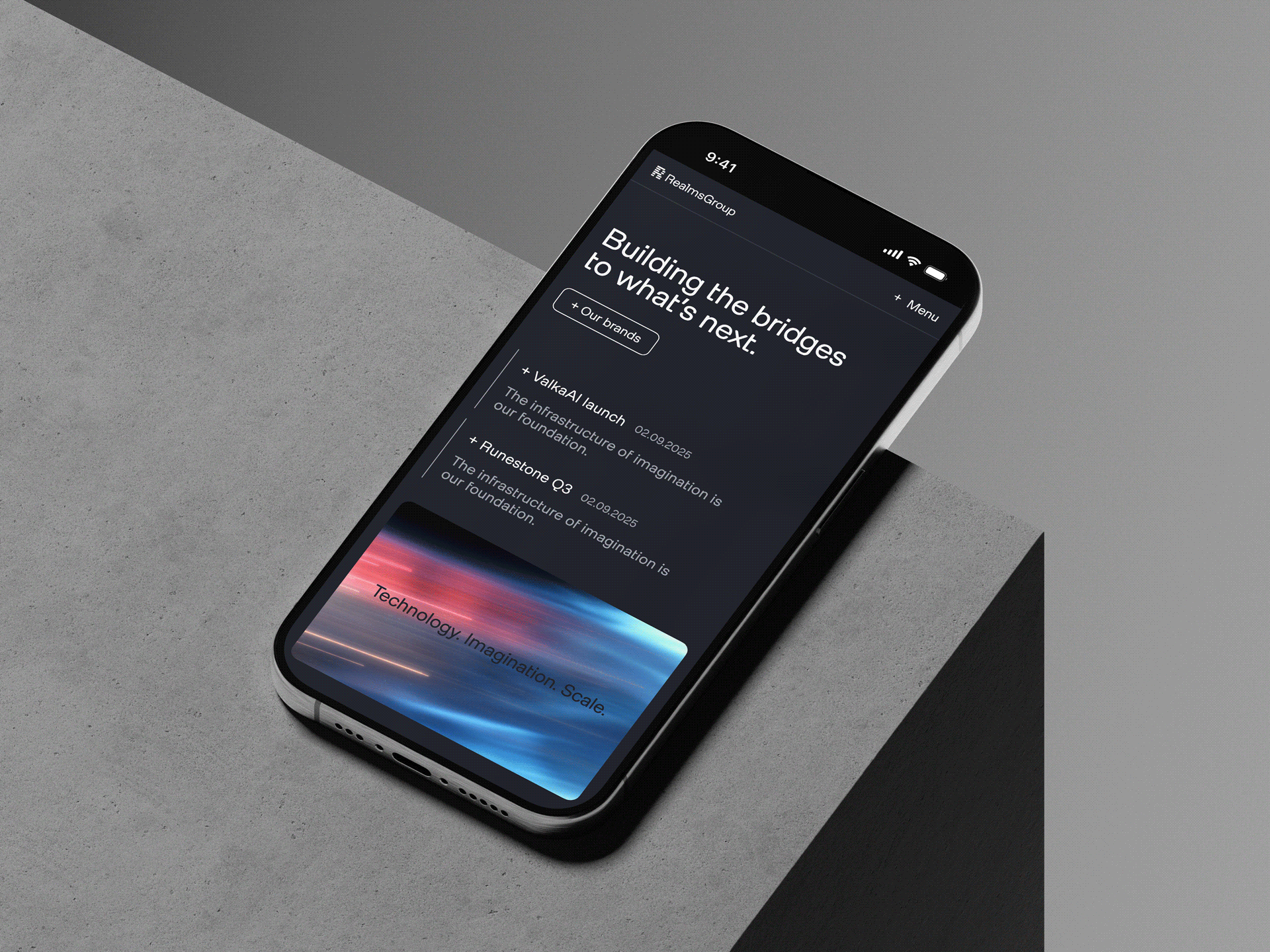 Smartphone displaying a website with the text 'Building the bridges to what's next' and listings for ValkAI launch and Runestone Q3 on a dark background.