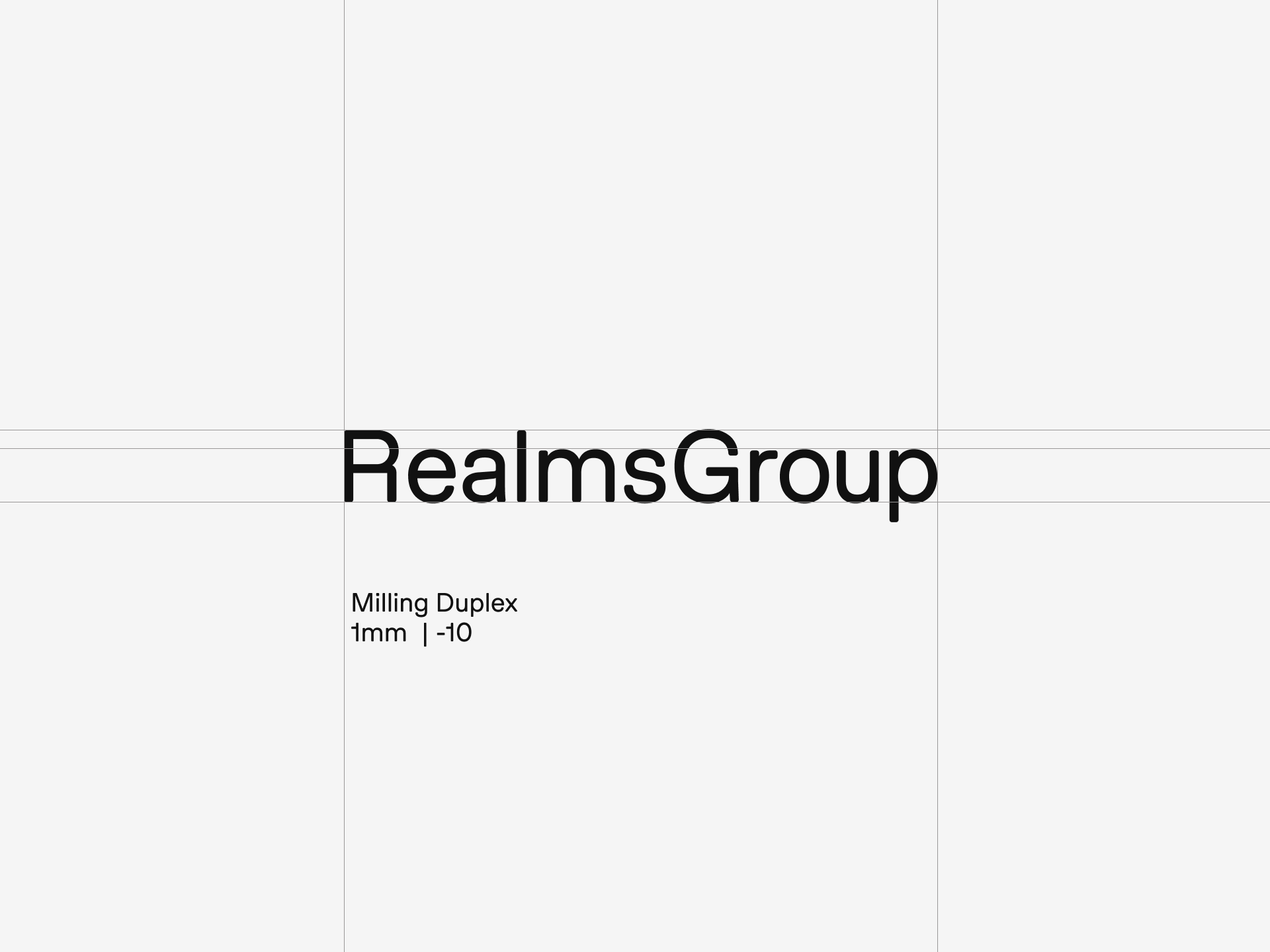 Logo with the text 'RealmsGroup' and smaller text reading 'Milling Duplex 1mm | -10' on a light background.
