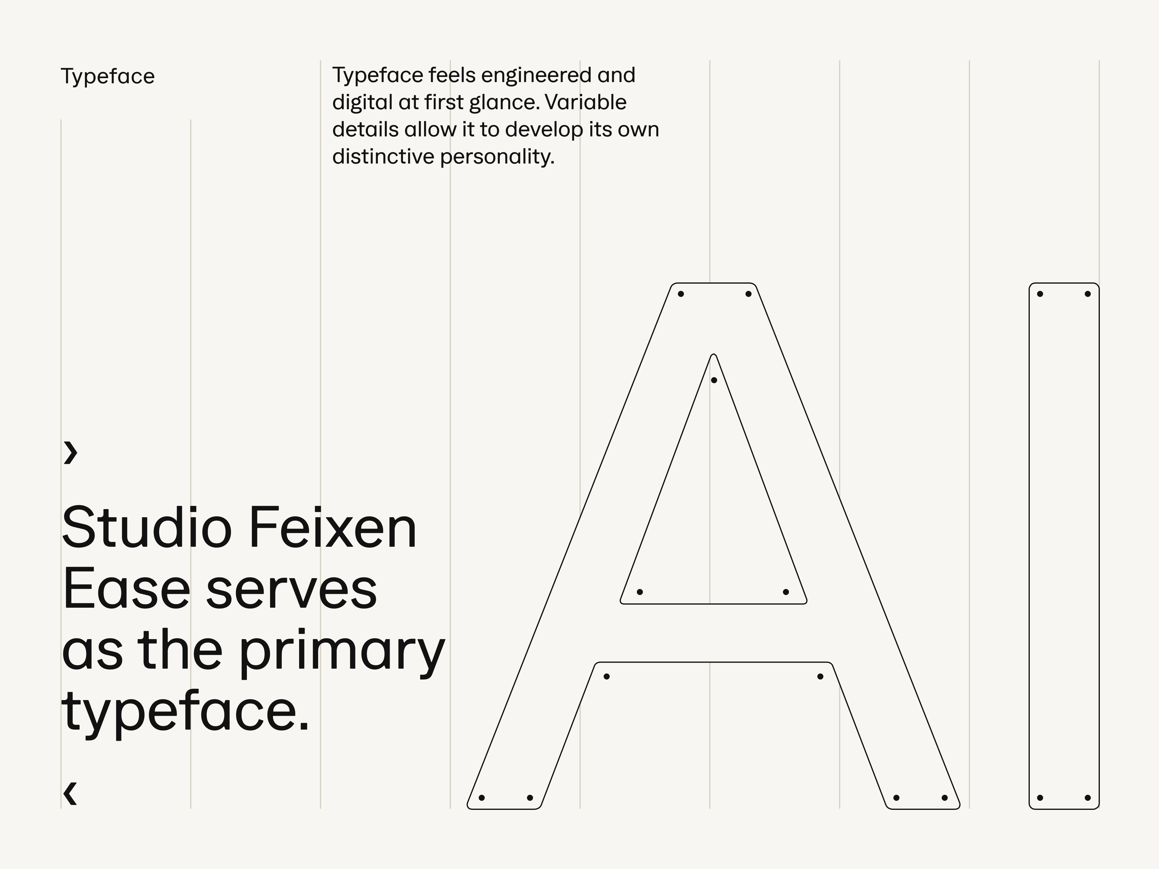 Text describing Studio Feixen Ease as a primary typeface with an engineered, digital feel and distinctive personality on a light background.