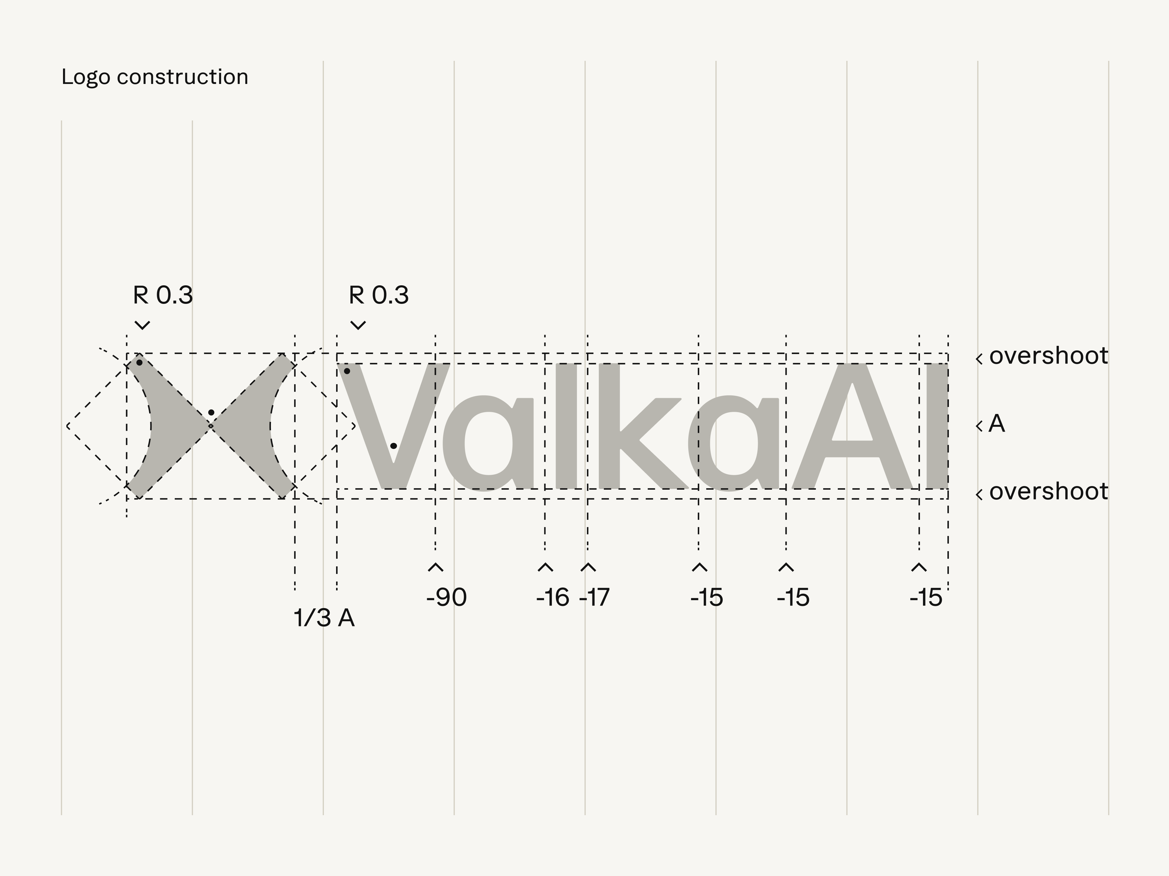 Diagram showing logo construction details of 'ValkAl' with measurements including radius 0.3, spacing values, and overshoot annotations.