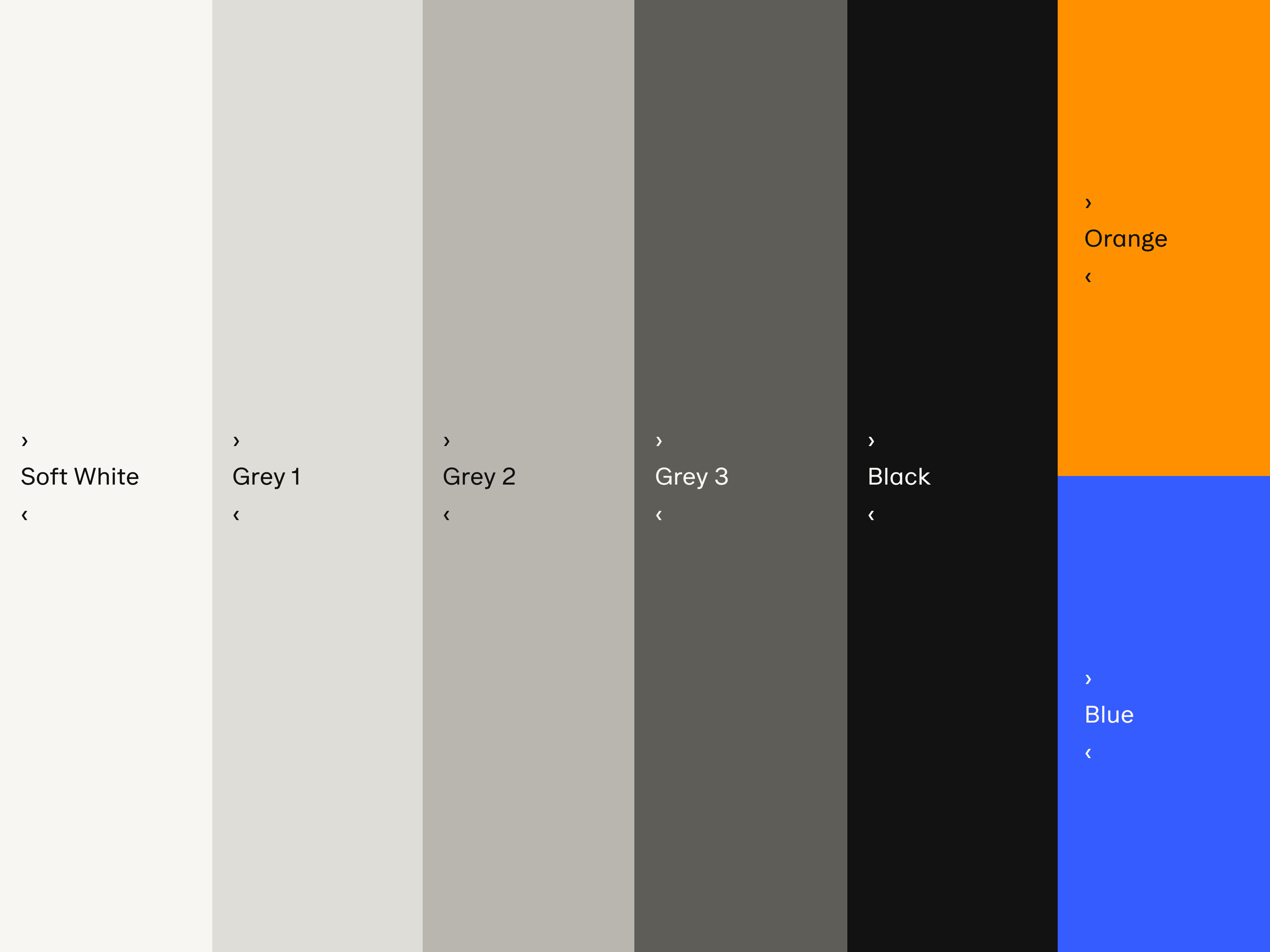 Color palette with six squares labeled Warm white, Grey 1, Grey 2, Grey 3, Black, Orange, and Blue.