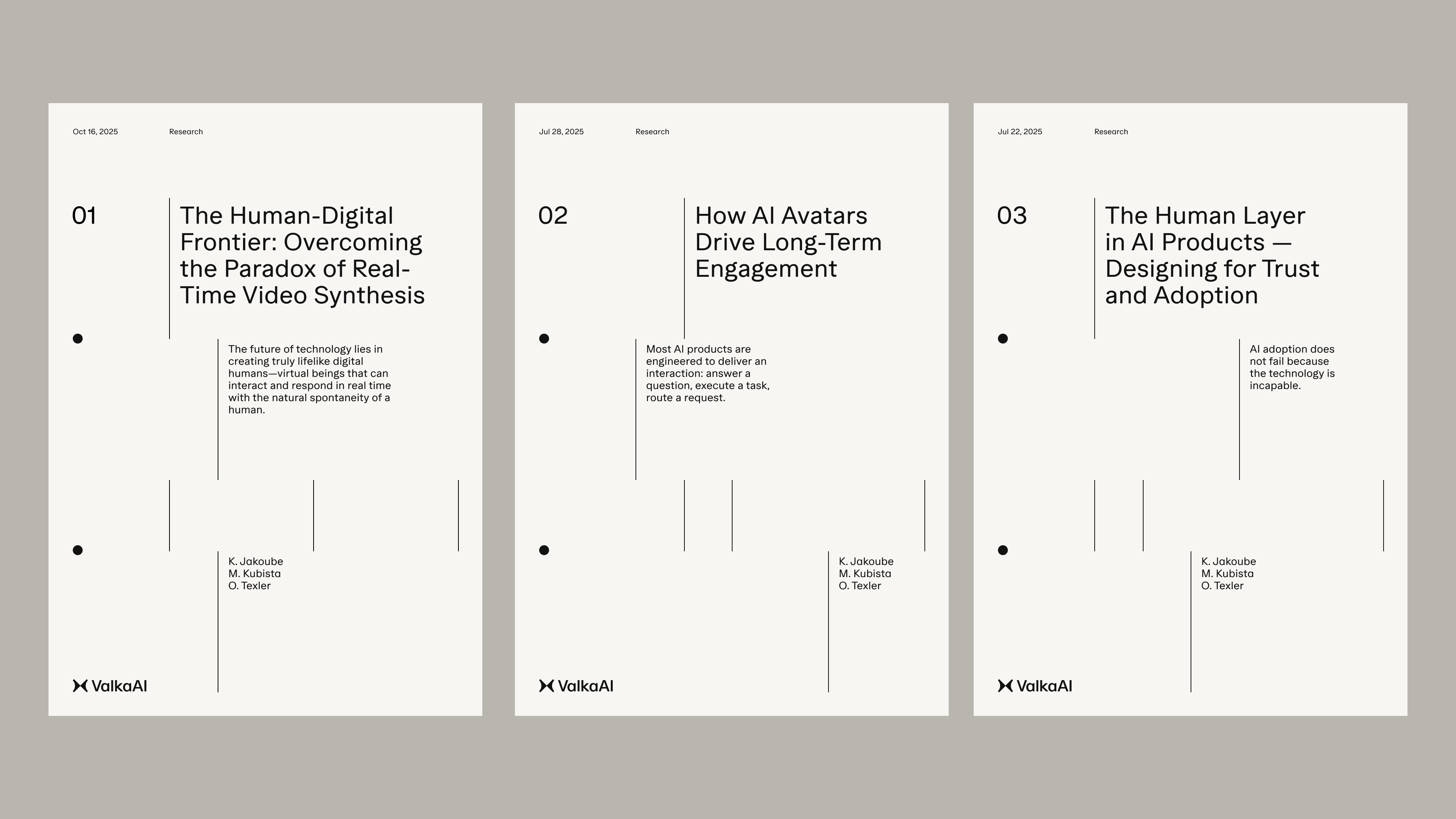 Three ValkaAI business cards on a gray background, two with black background and colored ValkaAI logo, and one white card showing placeholder text for name, title, email, phone, and website.