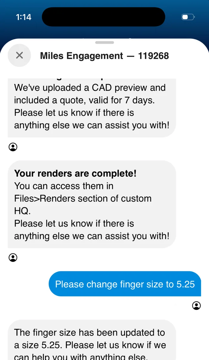 Project message thread with a finger size change request