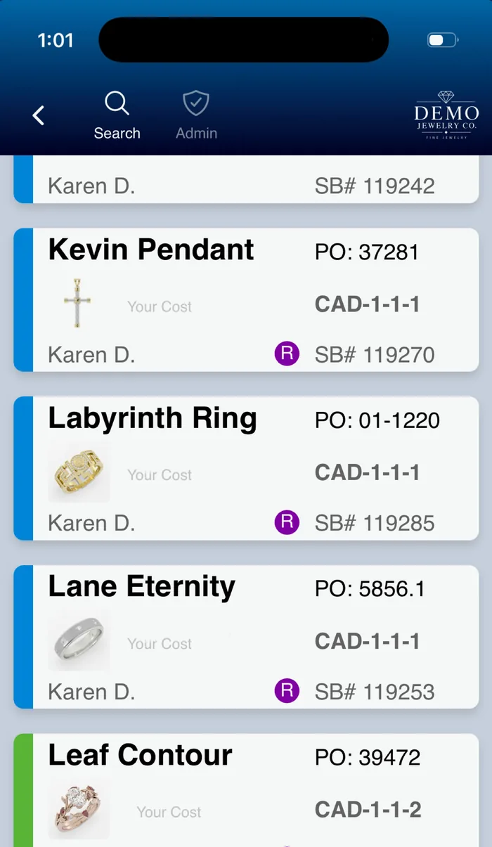 Project list showing rings and pendants