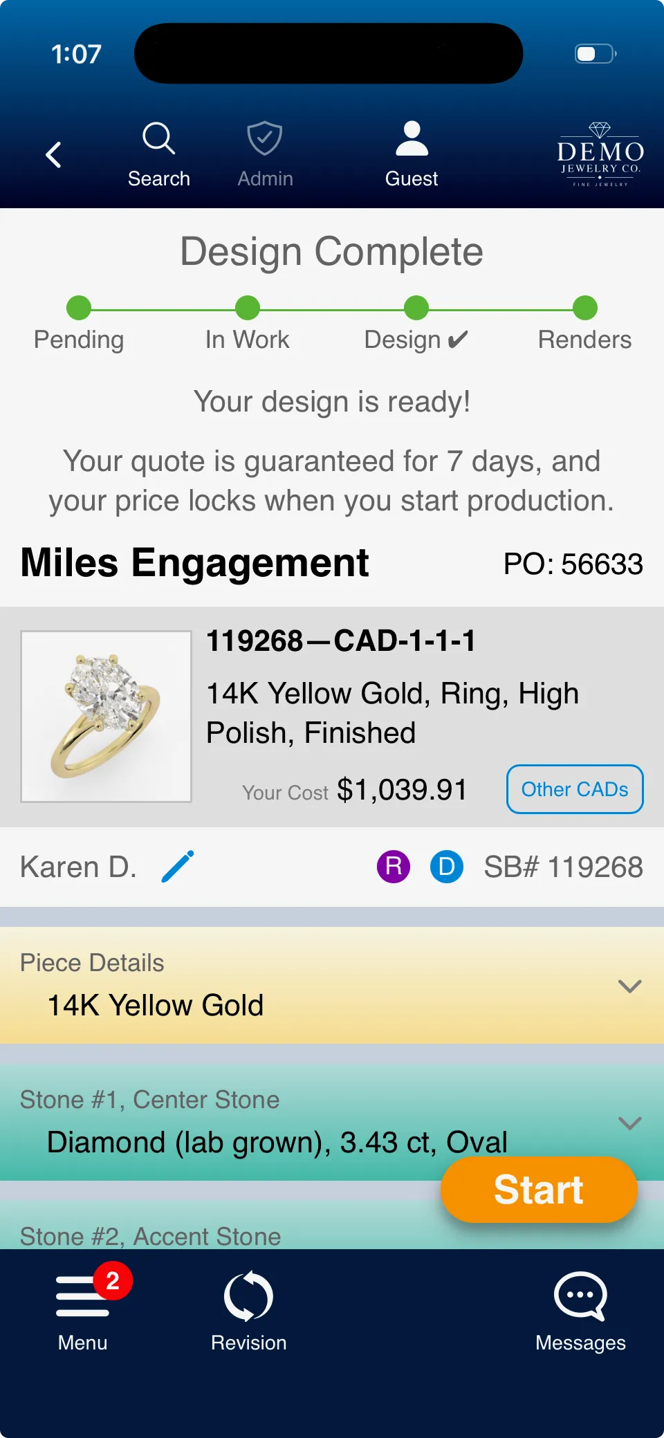 Project view with design progress, quote and piece details