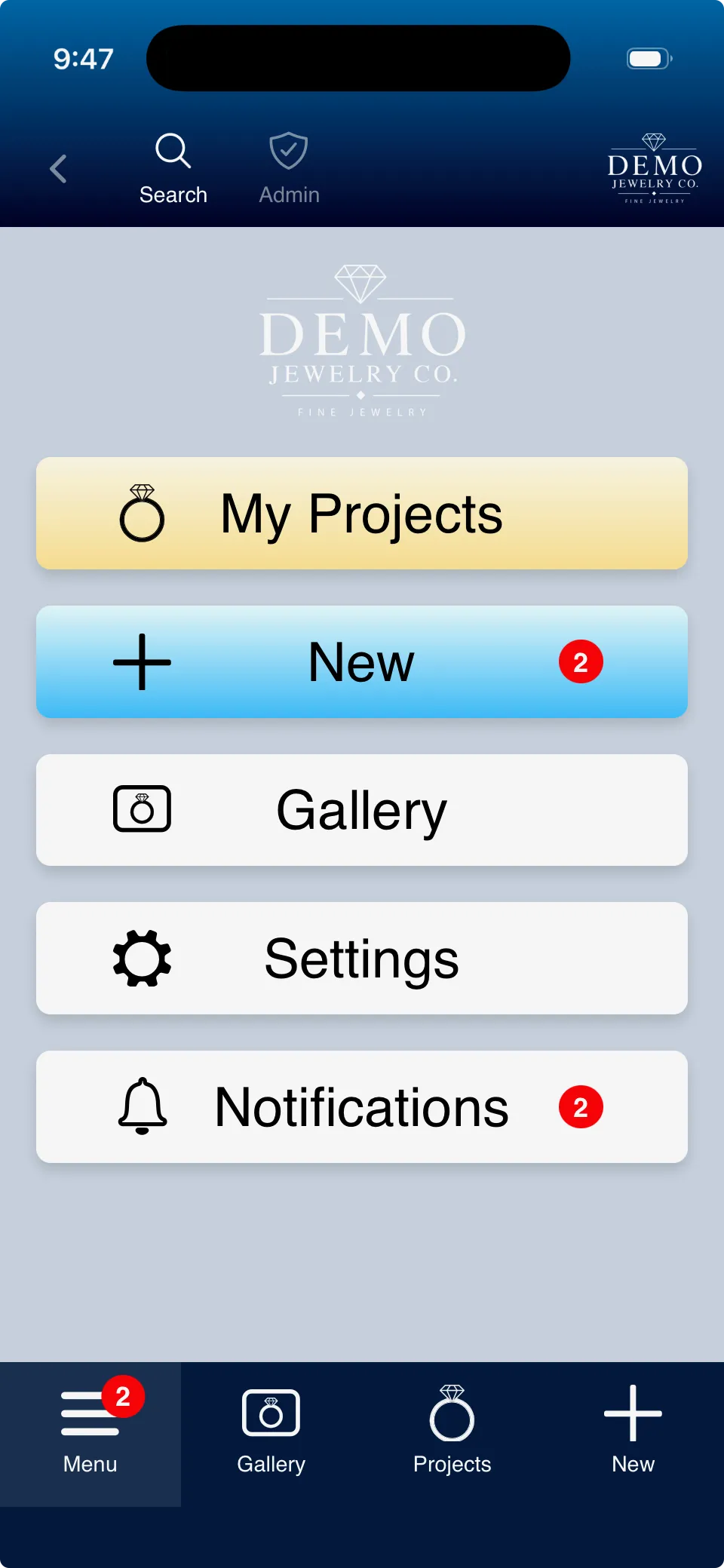 SBox home menu with My Projects, New, Gallery, Settings and Notifications