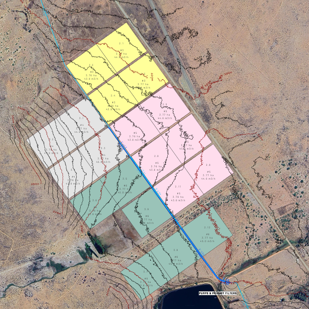 A layout drawing of an irrigation system