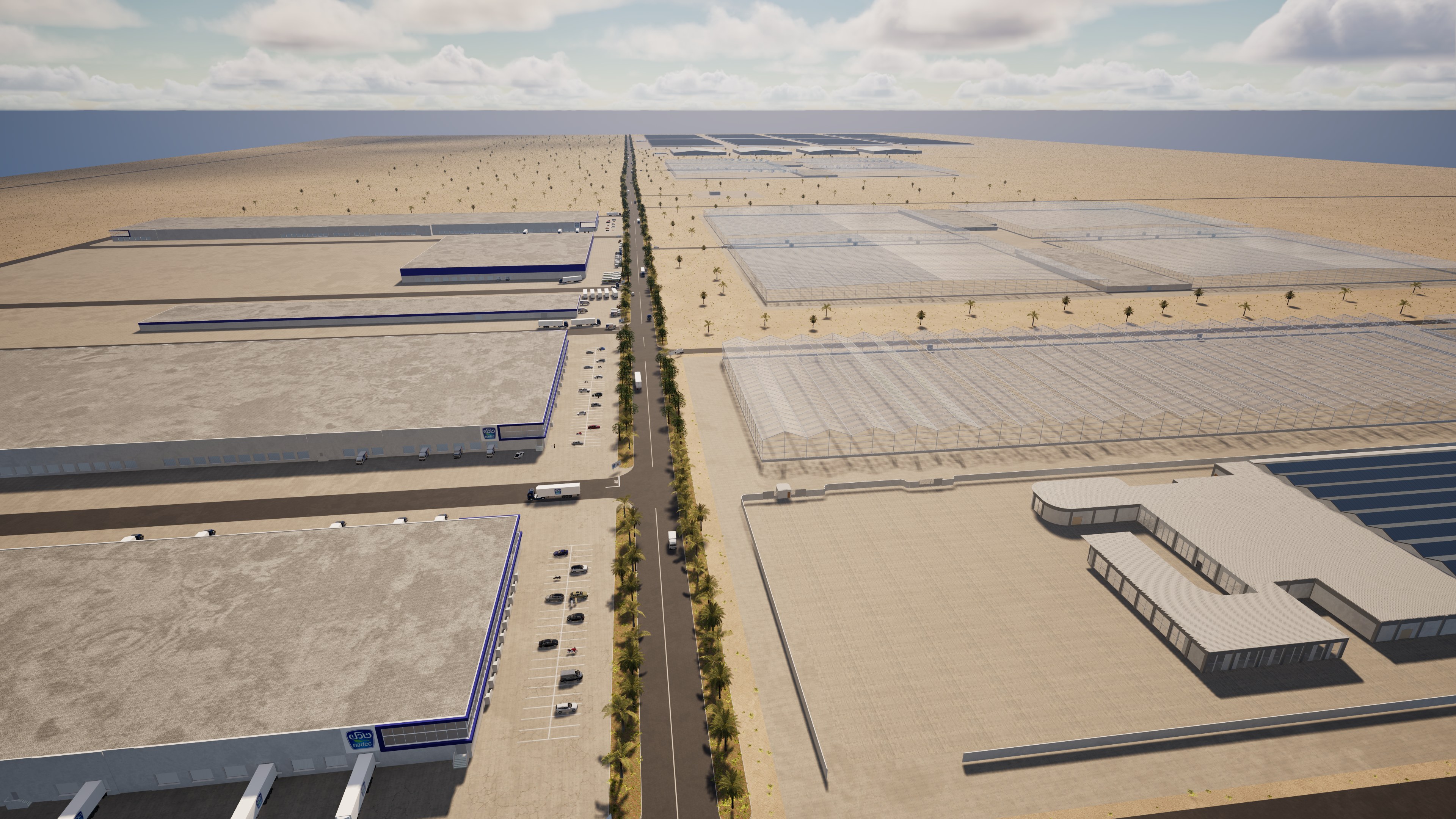 A 3D render of an agricultural development