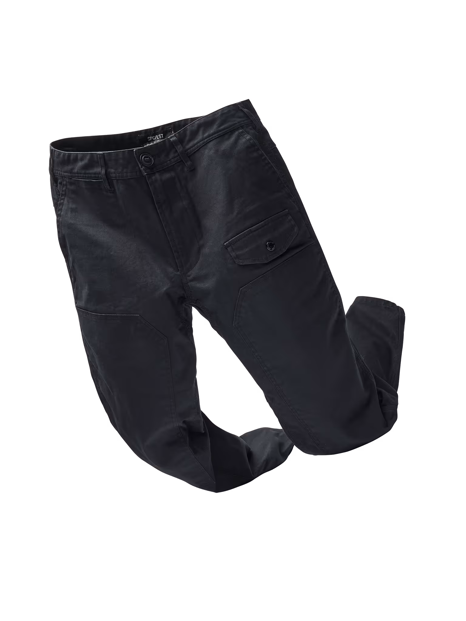 Black durable technical clothing pants with utility pocket.
