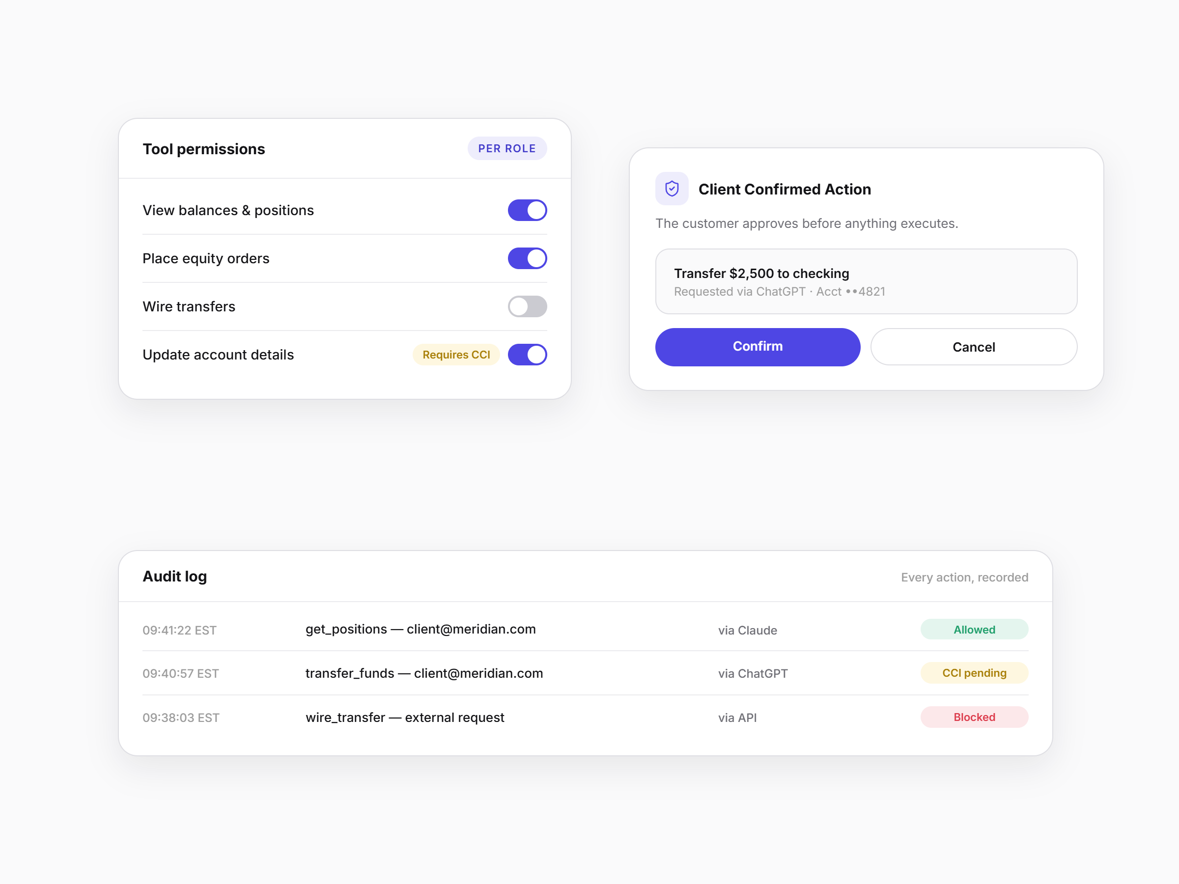 Governance interface showing per-role tool permissions, a client confirmed action approval, and a comprehensive audit log