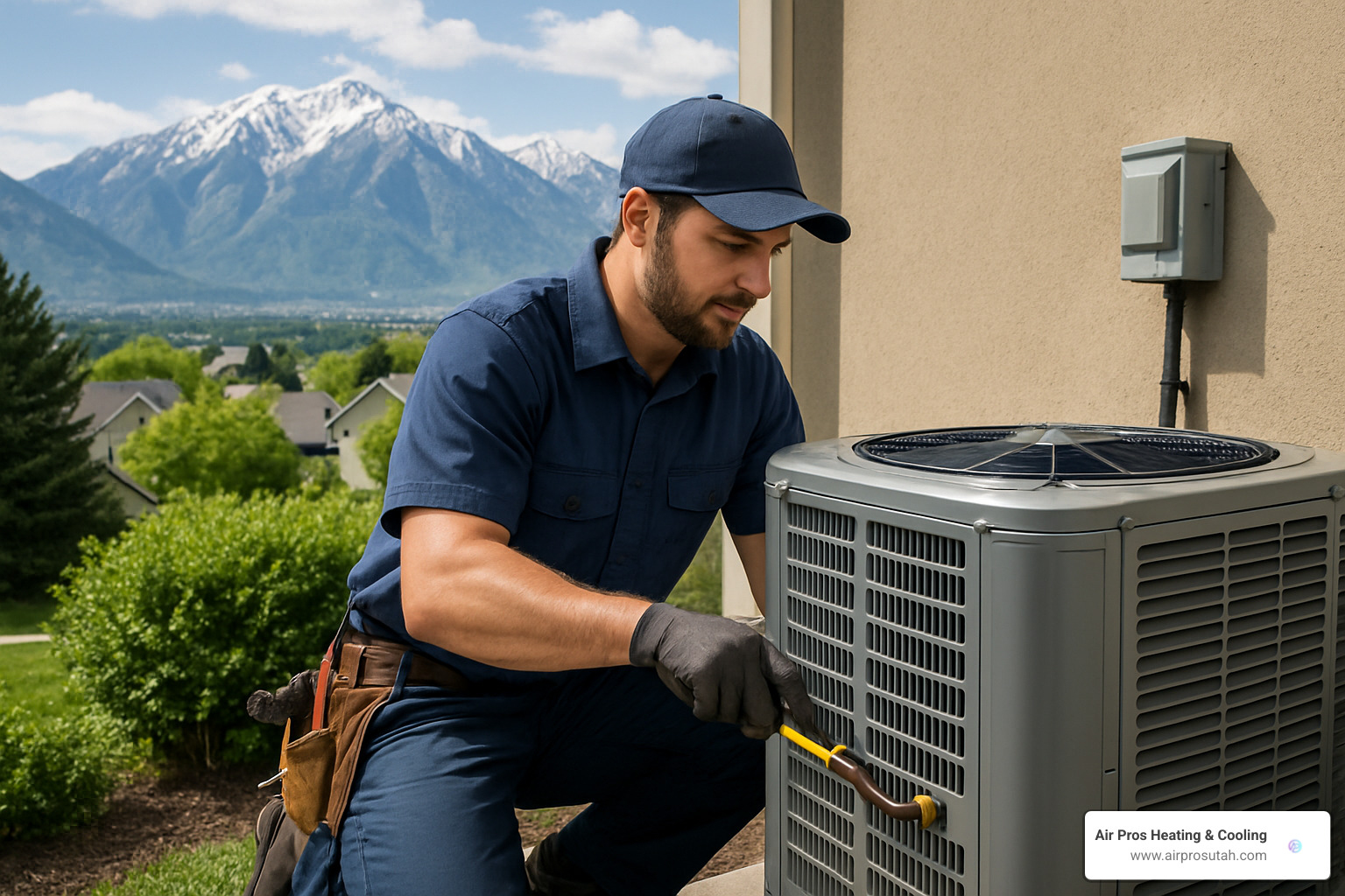 Air conditioning technician installing new energy efficient unit in Salt Lake City home - ac repair salt lake city