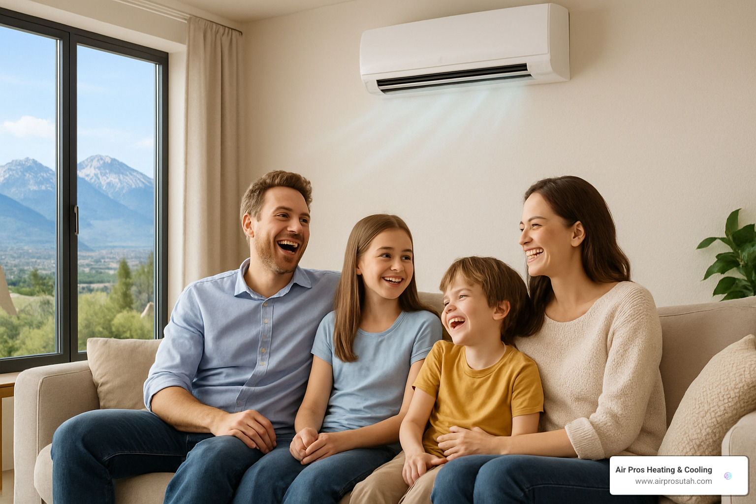 Happy family enjoying cool air in Salt Lake City living room - ac repair salt lake city