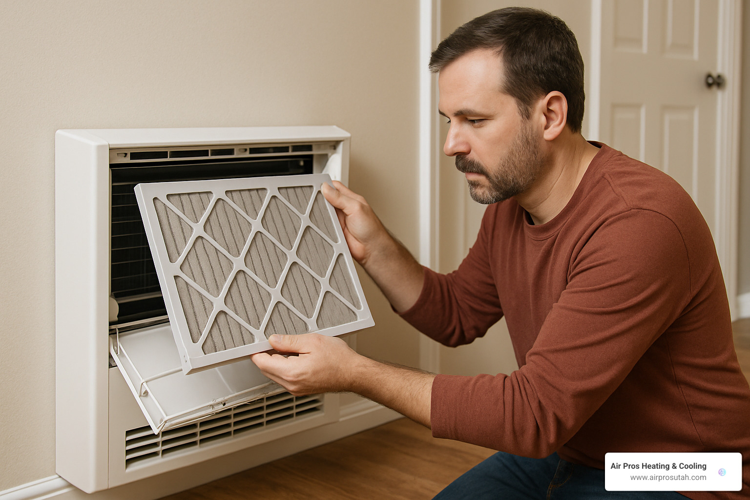 homeowner changing air filter in heat pump system - heat pump installation