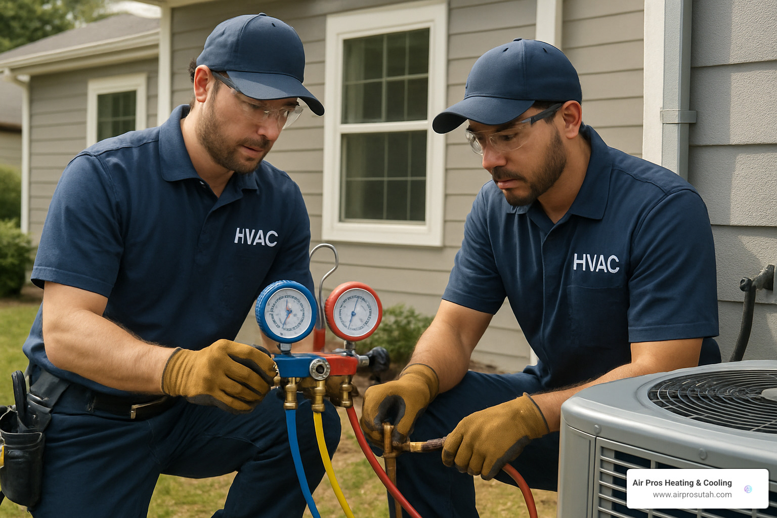 HVAC technicians pressure testing refrigerant lines during heat pump installation - heat pump installation