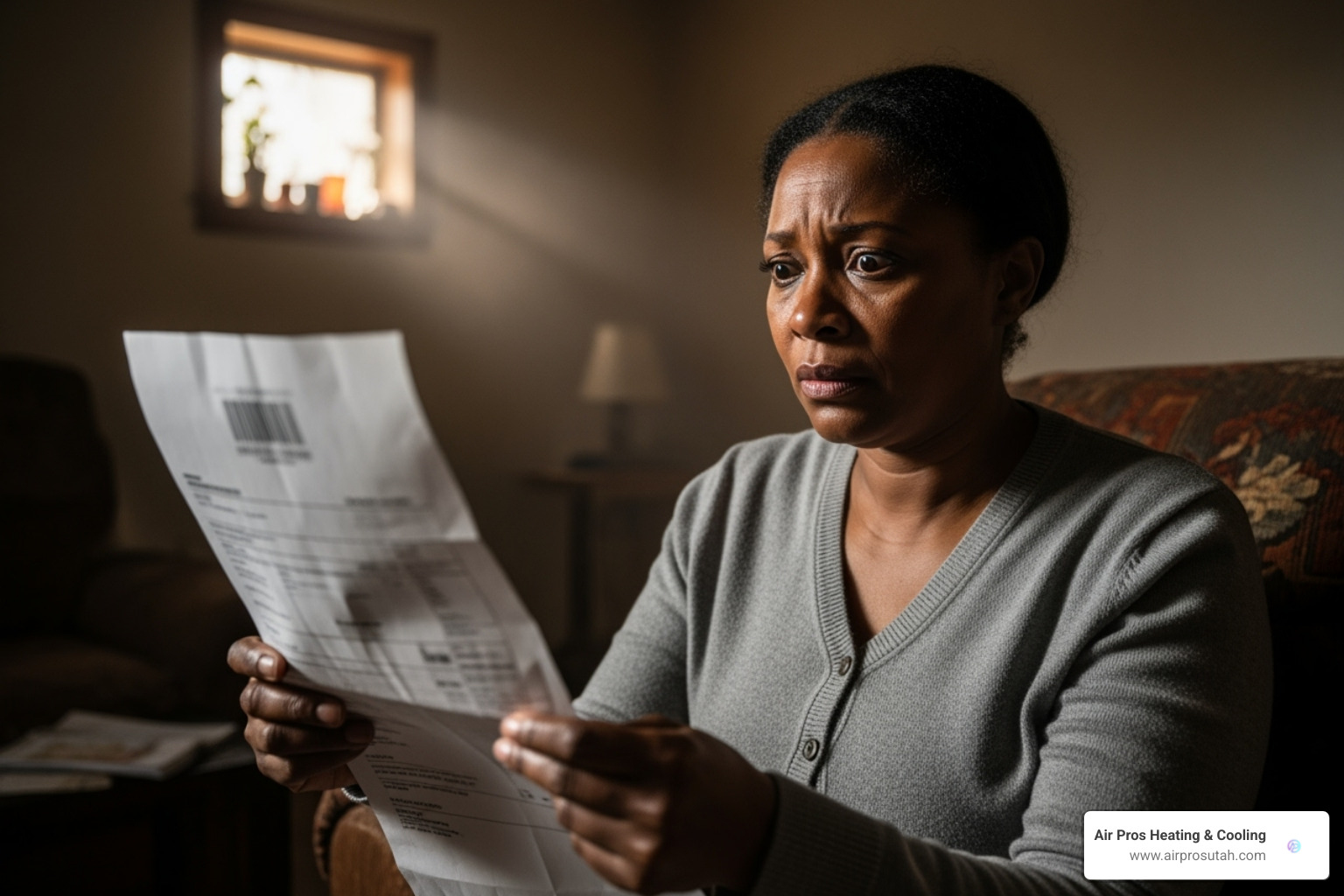 homeowner looking concerned at a high utility bill - heat pump replacement
