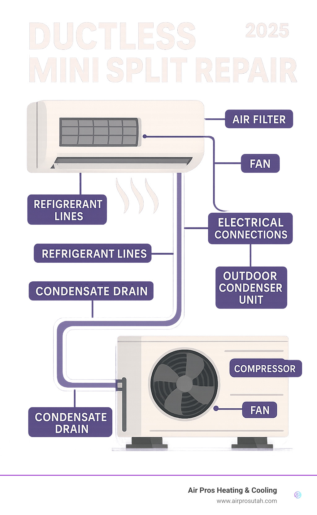 Infographic showing ductless mini split system components including indoor wall unit with air filter and fan, outdoor condenser unit with compressor and fan, refrigerant lines connecting the units, electrical connections, and condensate drain line with labels for each component - ductless mini split repair infographic 