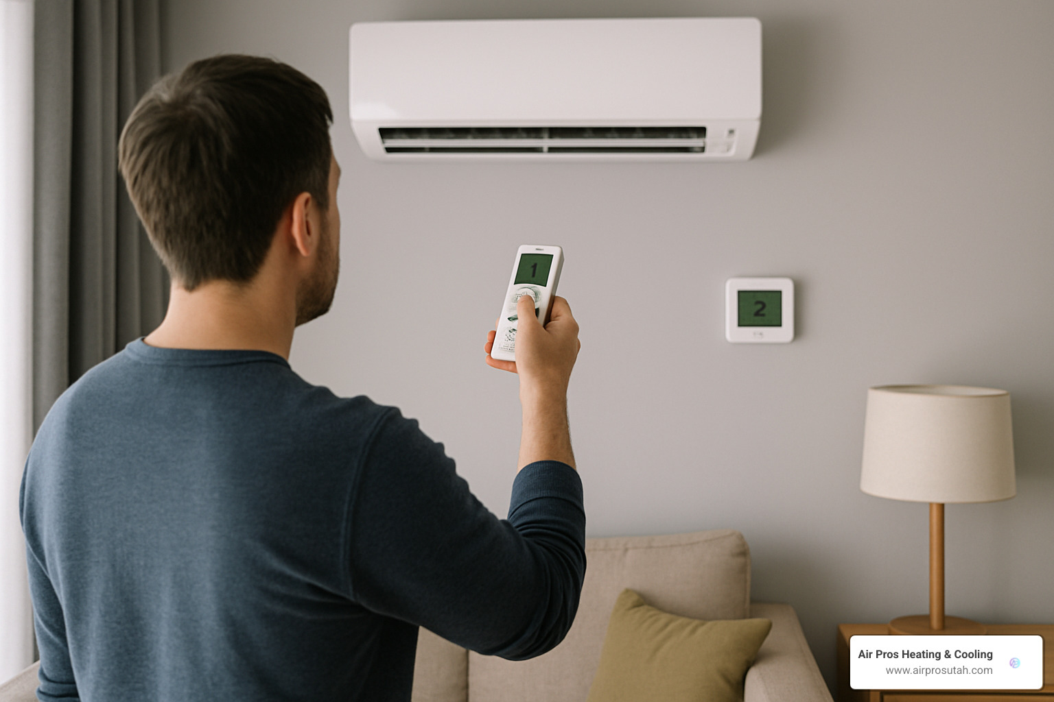 person checking remote control and thermostat settings on mini split system - ductless mini split repair