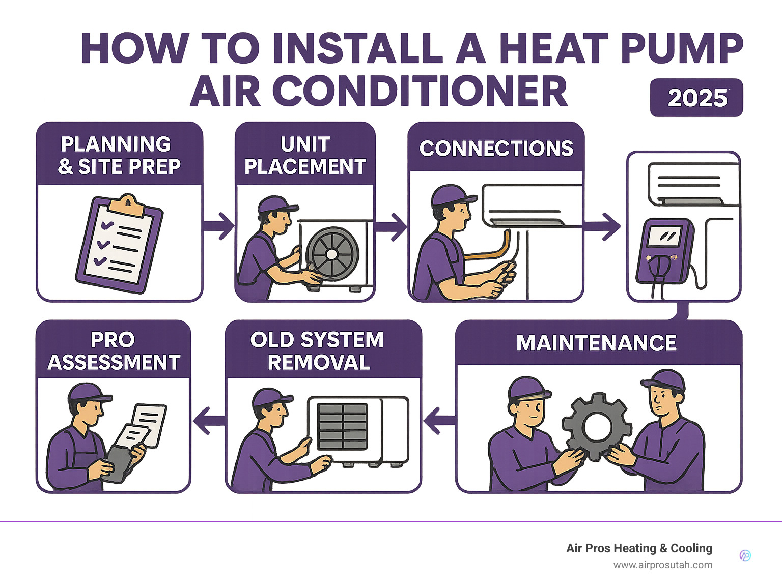 Infographic detailing the step-by-step process of installing a heat pump air conditioner, showing stages from planning and site preparation to unit placement, connections, testing, and maintenance. - how to install a heat pump air conditioner infographic 