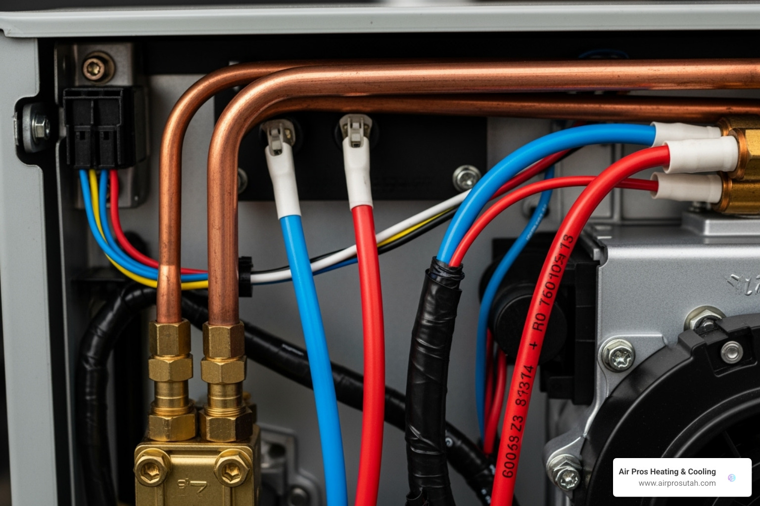 complex wiring and refrigerant lines inside a heat pump unit - how to install a heat pump air conditioner