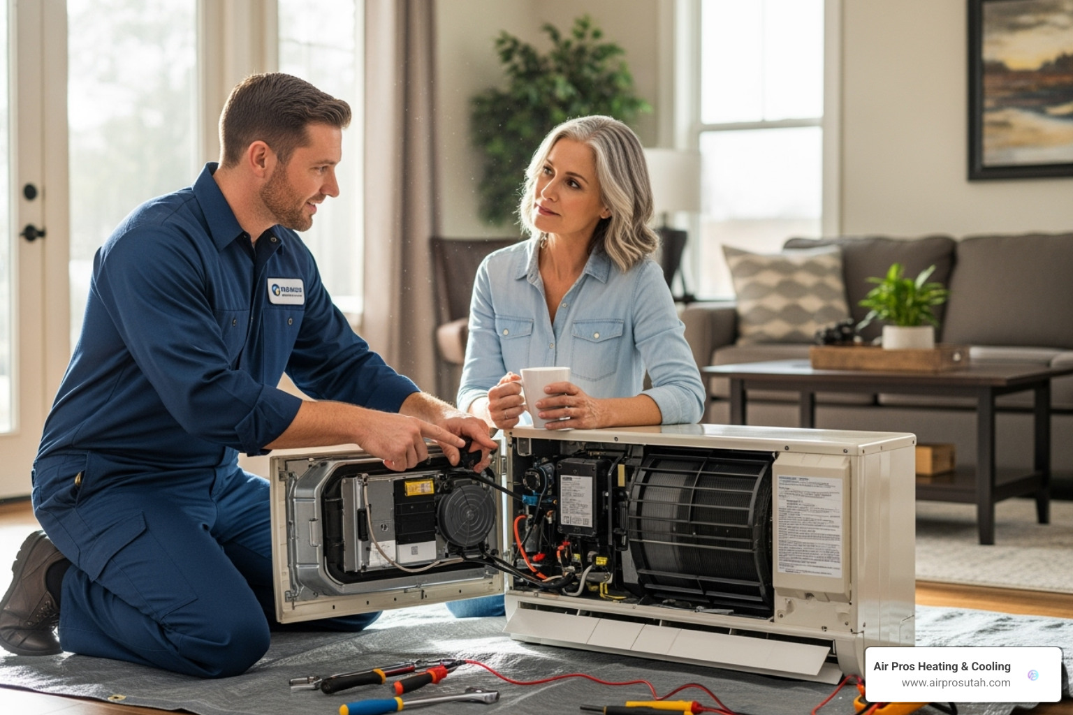 of a technician explaining a repair to a homeowner - emergency air conditioner repair