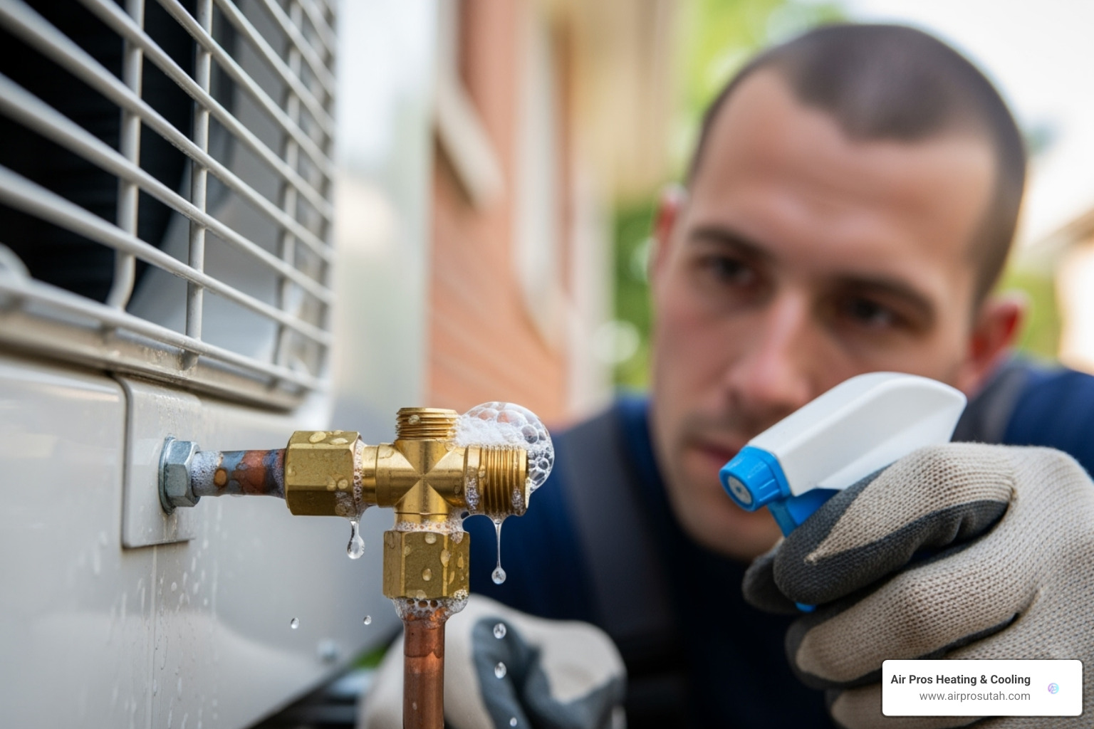 Technician using a soap solution to check a flare fitting on a mini-split outdoor unit for bubbles, indicating a leak. - how to vacuum mini split ac system