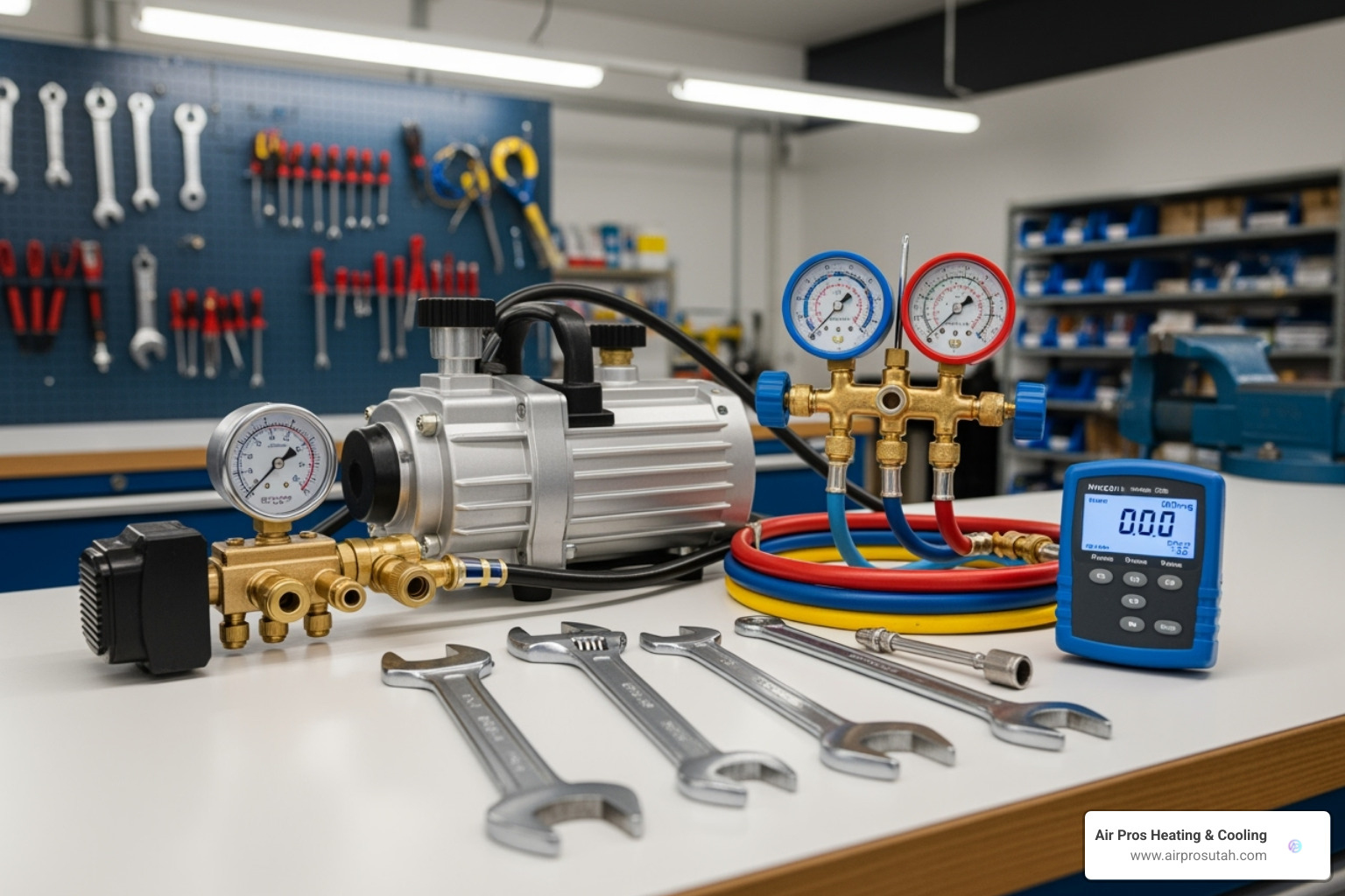 Necessary tools laid out for vacuuming a mini-split AC system, including a vacuum pump, manifold gauge set, micron gauge, hoses, and wrenches. - how to vacuum mini split ac system