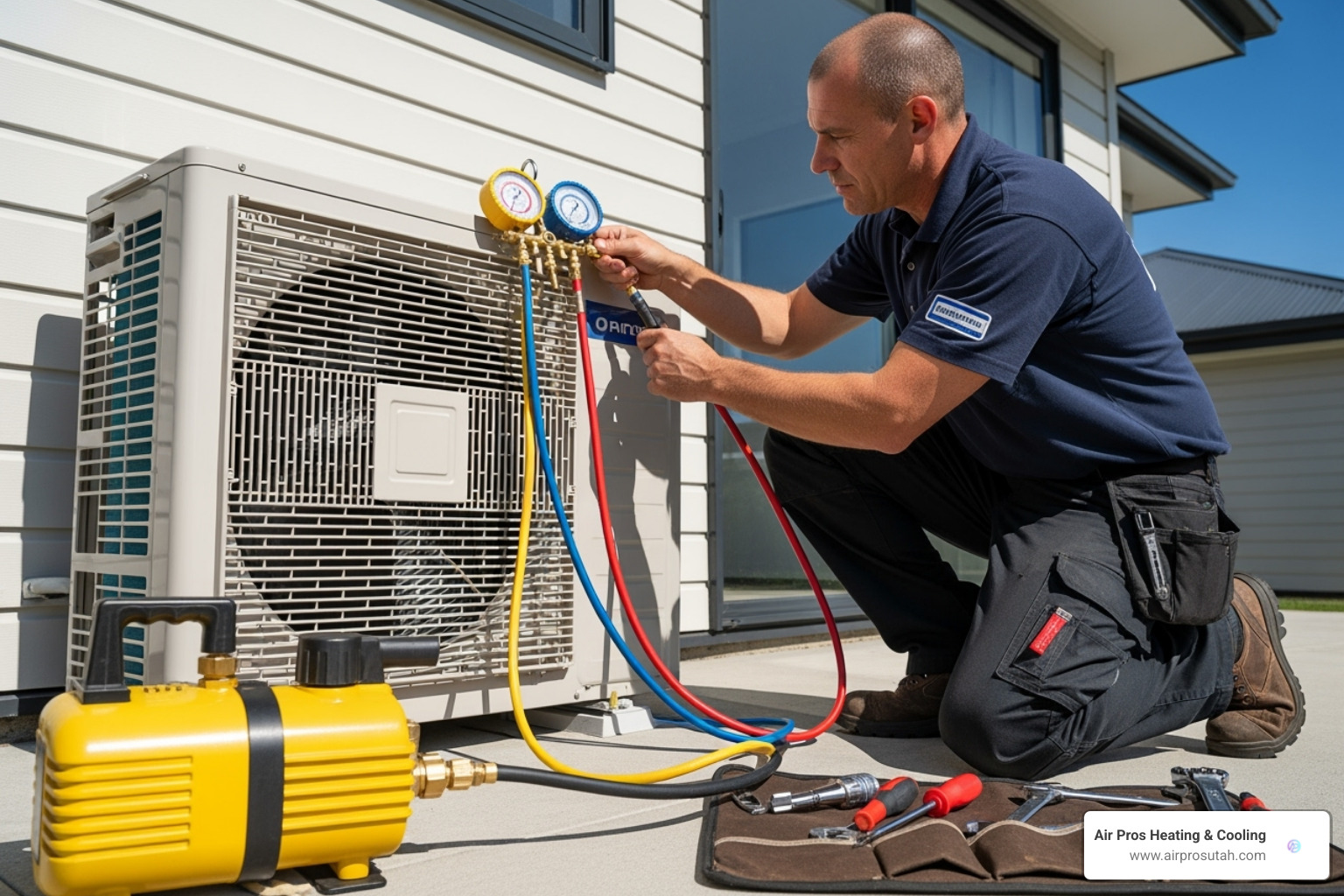 Technician connecting manifold gauge hoses to a mini-split outdoor unit service port, with vacuum pump visible. - how to vacuum mini split ac system