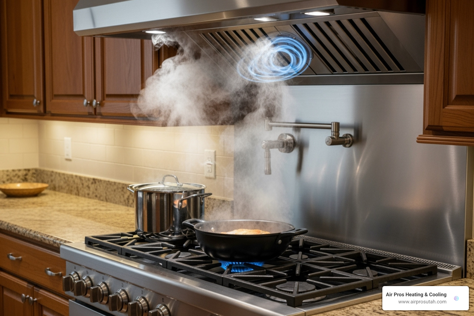 image of a kitchen with an exhaust fan running during cooking - indoor air quality Utah