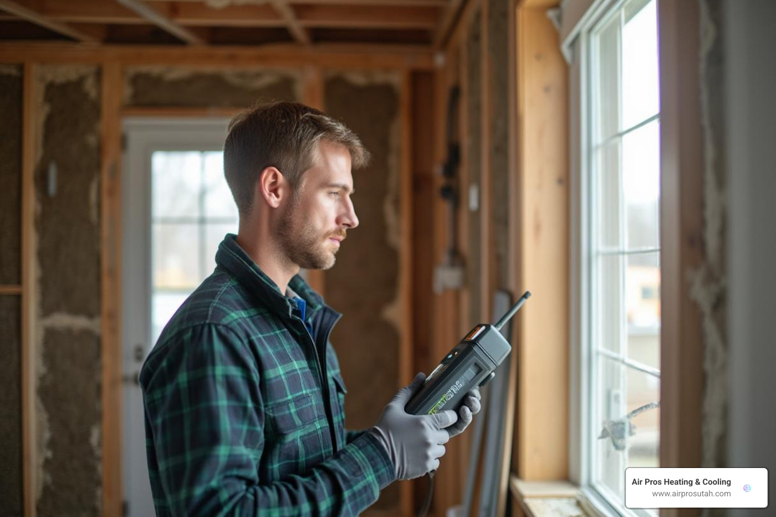 Technician performing a home energy assessment - heat pumps installed