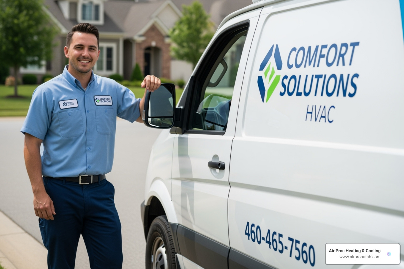 A friendly, professional HVAC technician smiling beside a clean company van - ac replacement near me