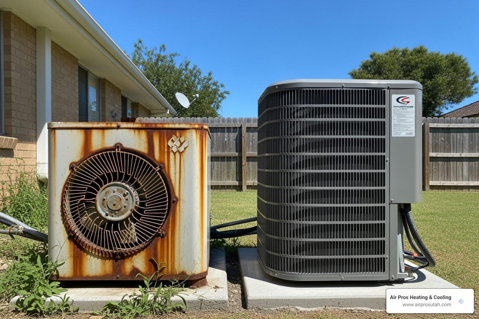 An old, rusted AC unit contrasted with a new, sleek one - ac replacement near me