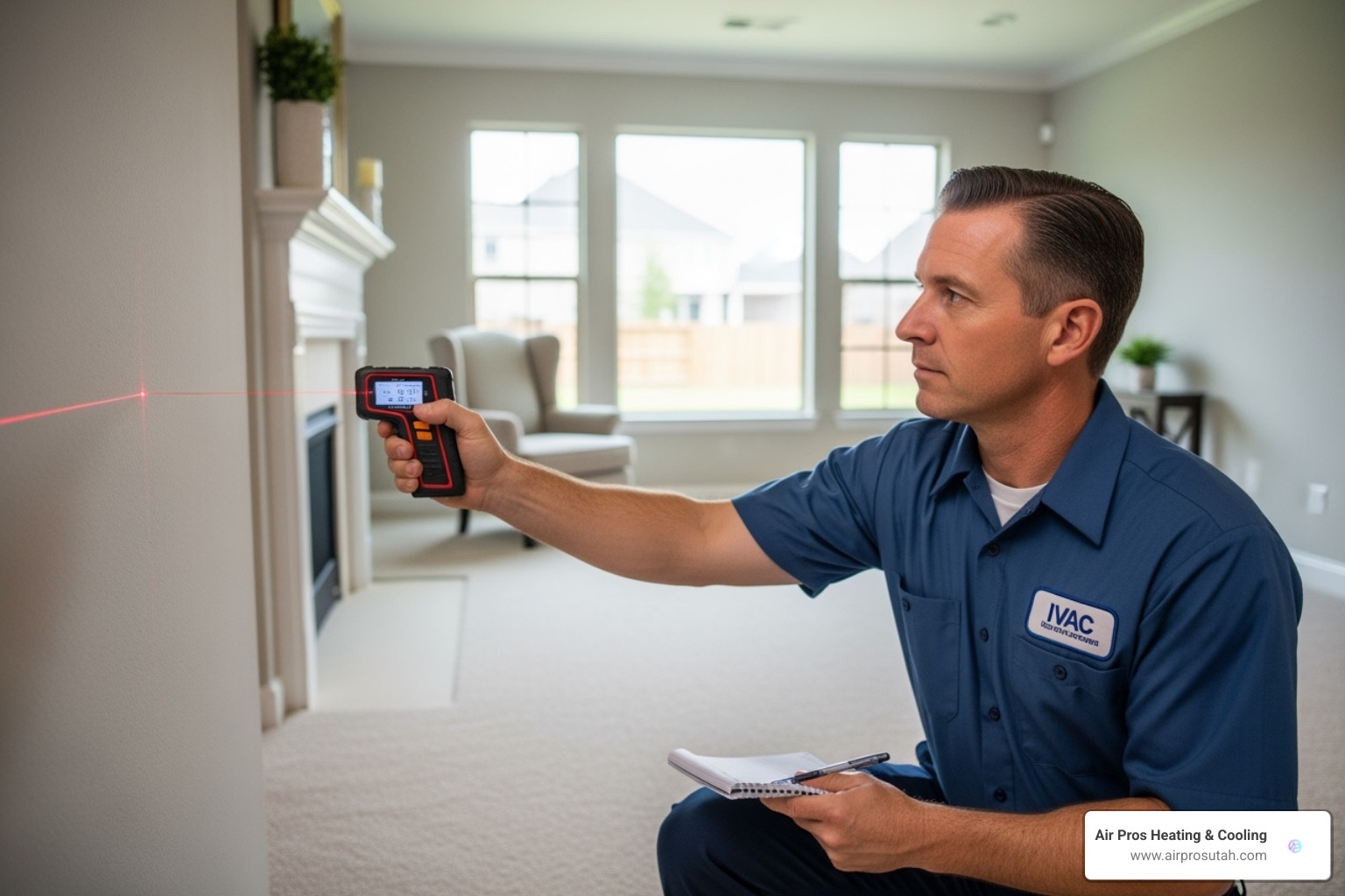 A technician carefully measuring a room with a laser distance meter, preparing for a Manual J load calculation - central air installation near me