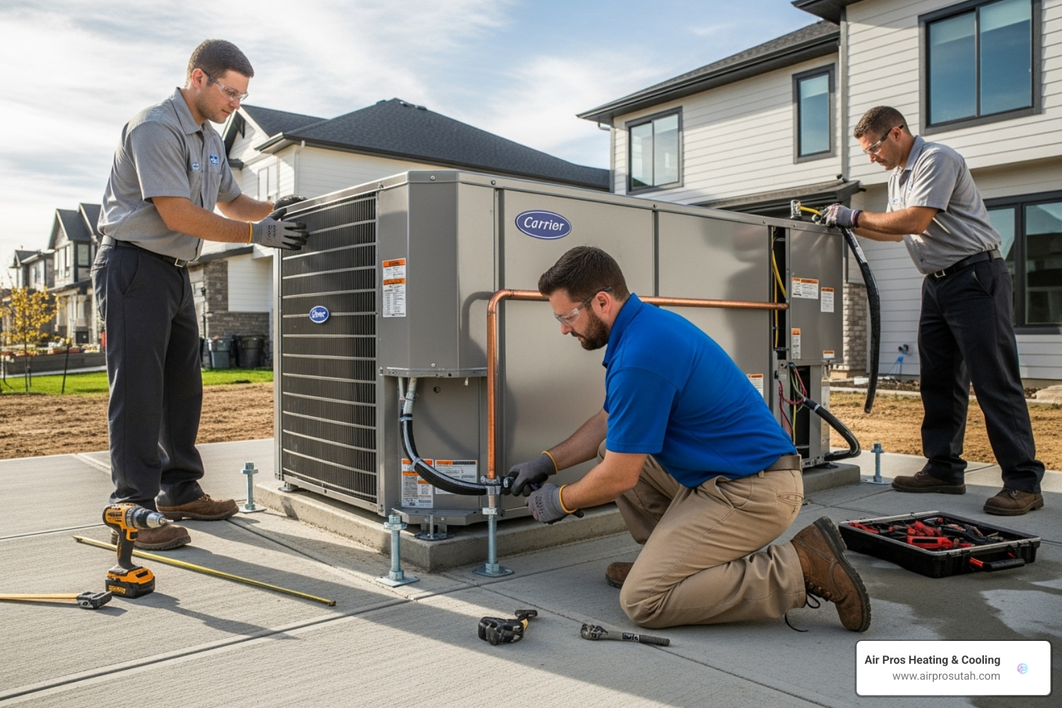 HVAC technicians carefully installing an outdoor condenser unit on a new concrete pad - central air installation near me
